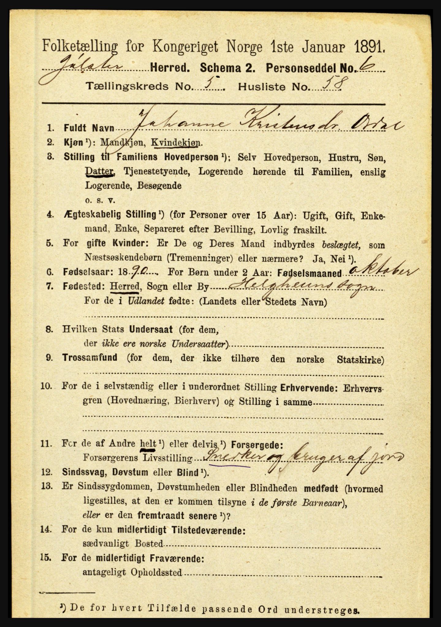 RA, 1891 census for 1431 Jølster, 1891, p. 2140