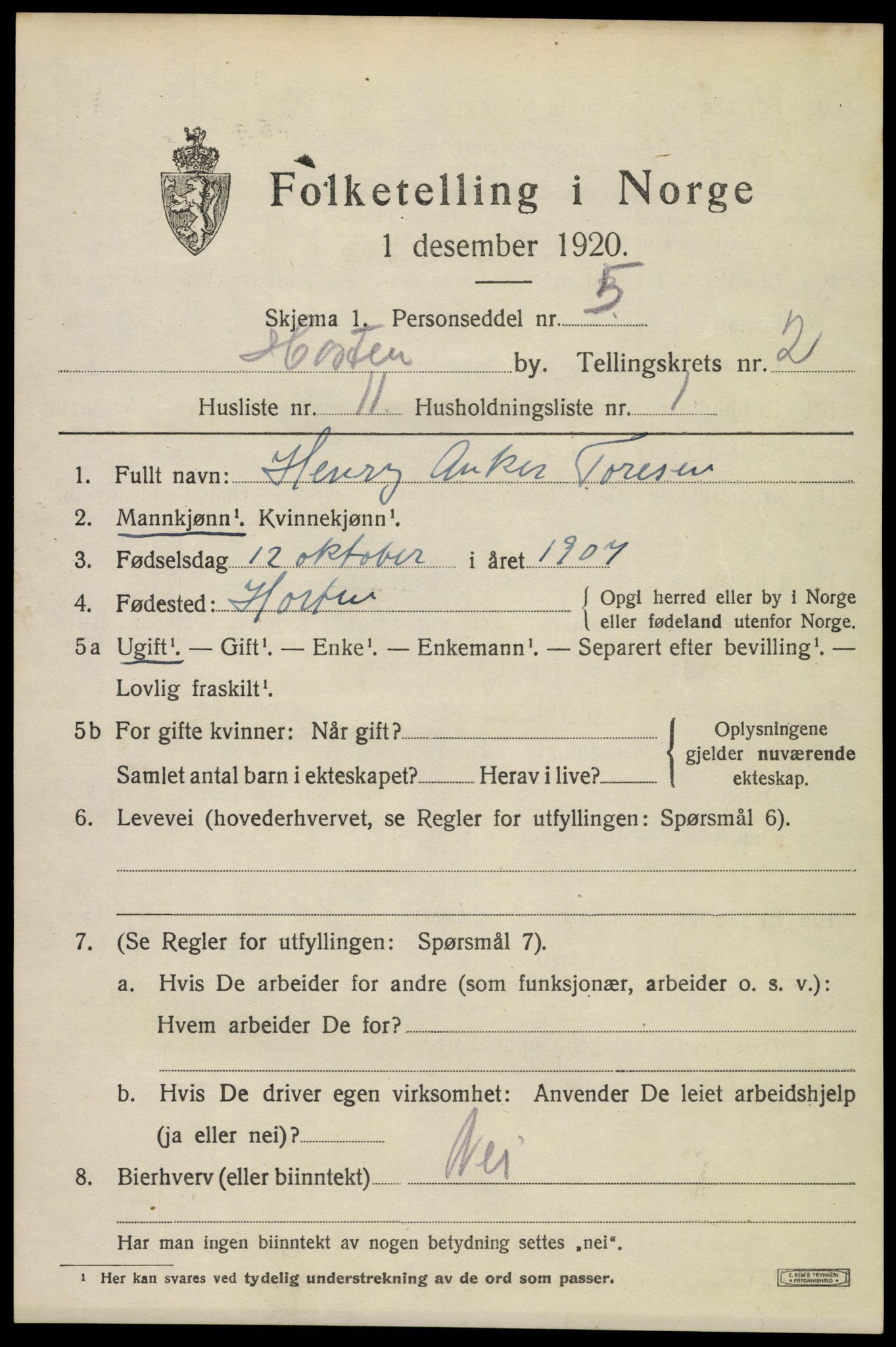 SAKO, 1920 census for Horten, 1920, p. 10339