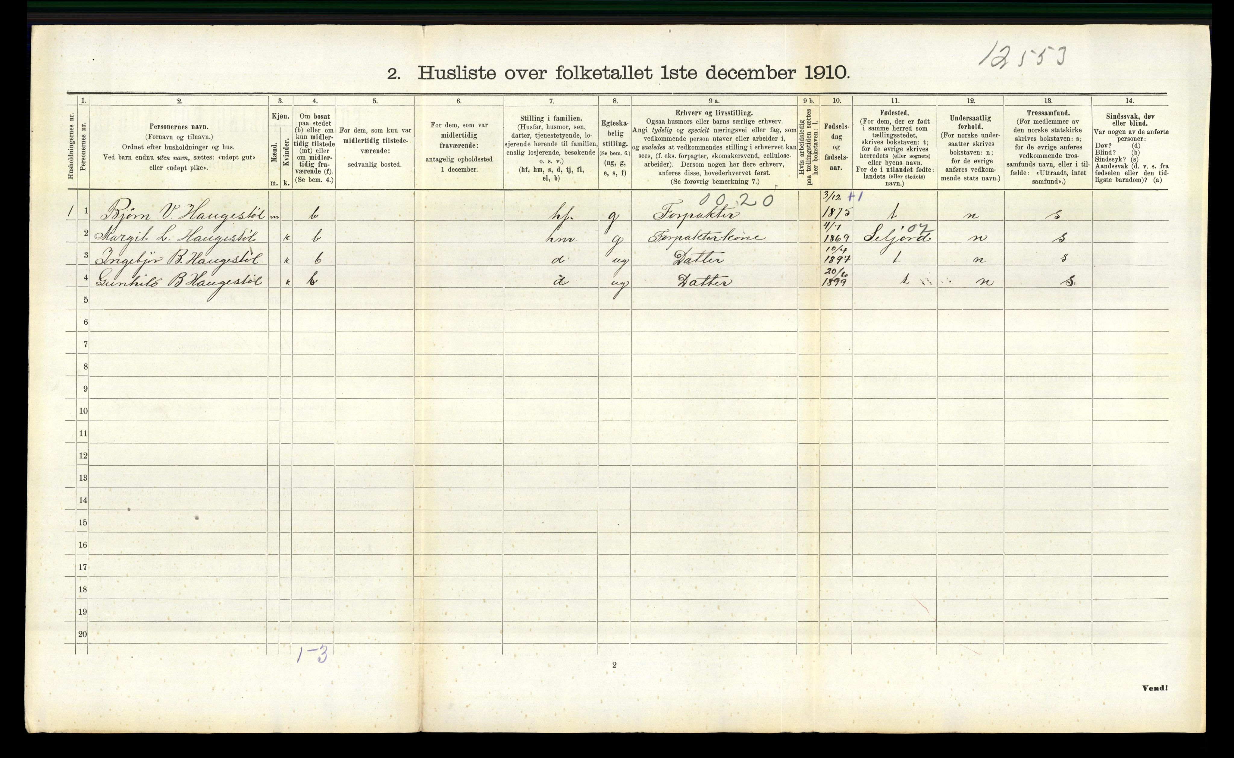 RA, 1910 census for Rauland, 1910, p. 312