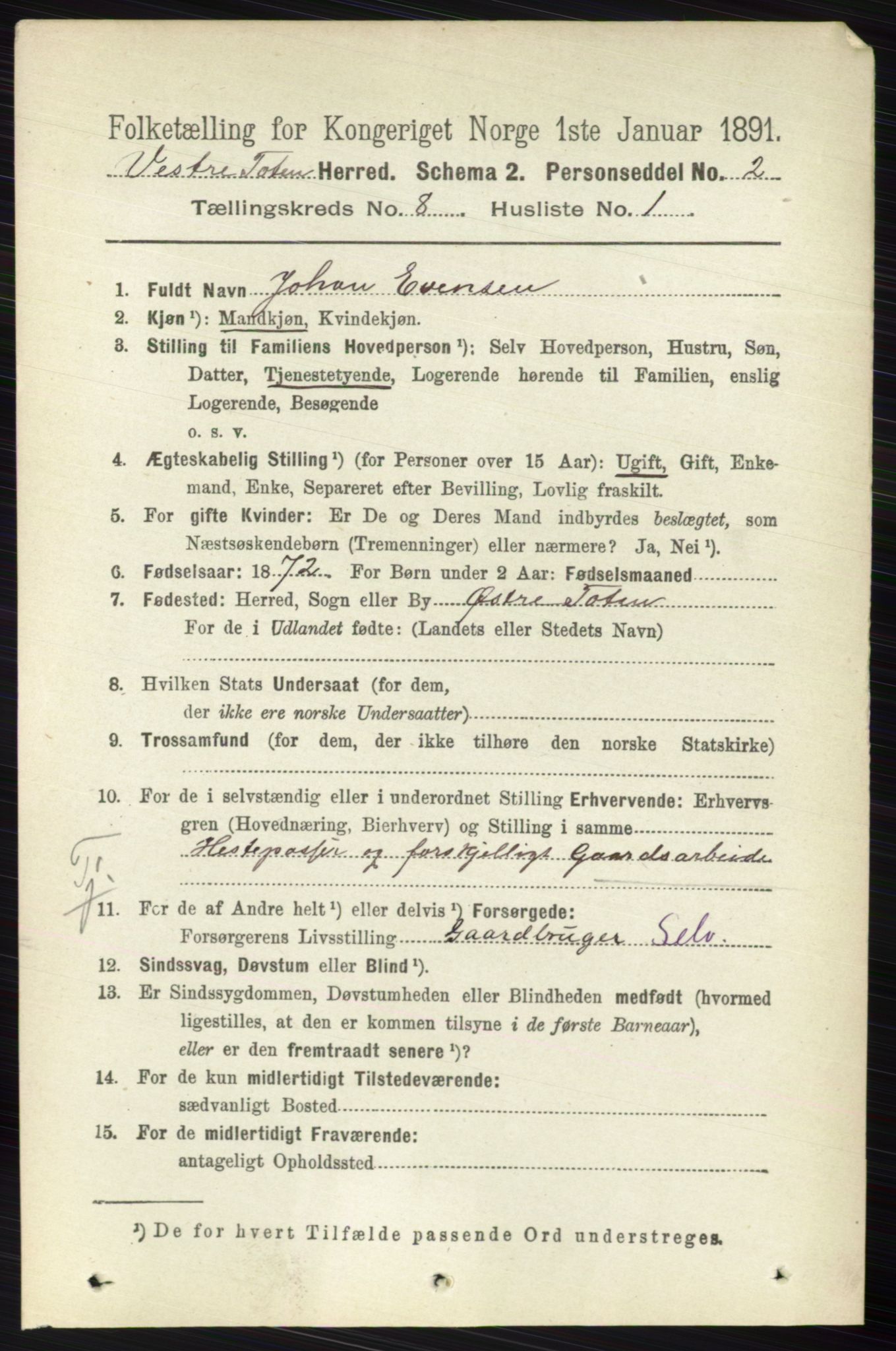 RA, 1891 census for 0529 Vestre Toten, 1891, p. 5003