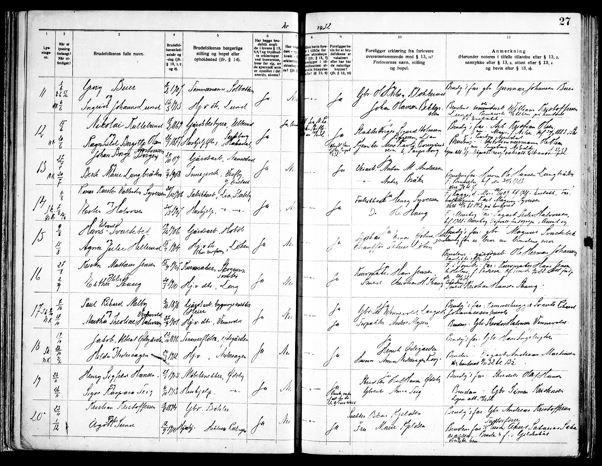 Enebakk prestekontor Kirkebøker, AV/SAO-A-10171c/H/Ha/L0001: Banns register no. 1, 1919-1958, p. 27