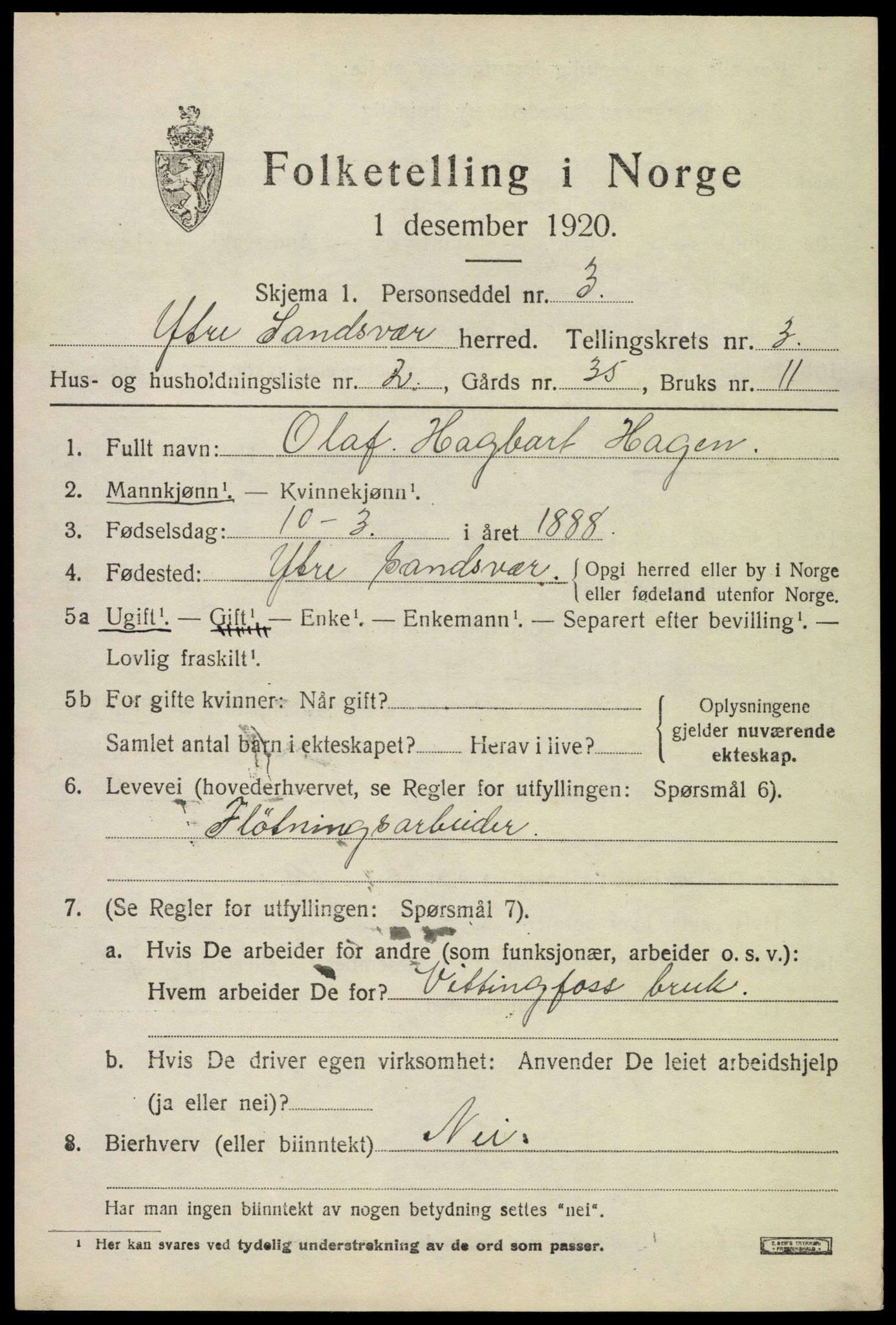 SAKO, 1920 census for Ytre Sandsvær, 1920, p. 3708