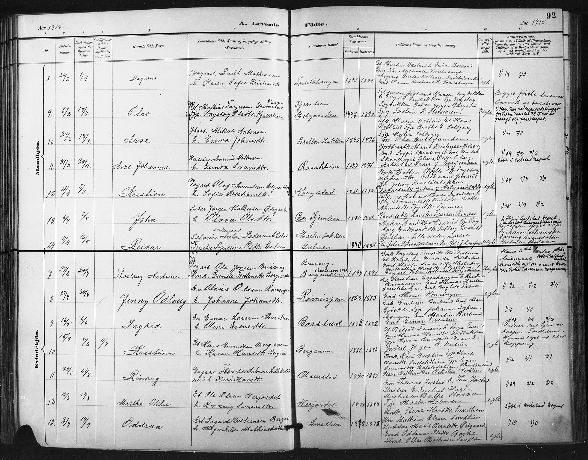 Vestre Gausdal prestekontor, SAH/PREST-094/H/Ha/Hab/L0003: Parish register (copy) no. 3, 1896-1925, p. 92