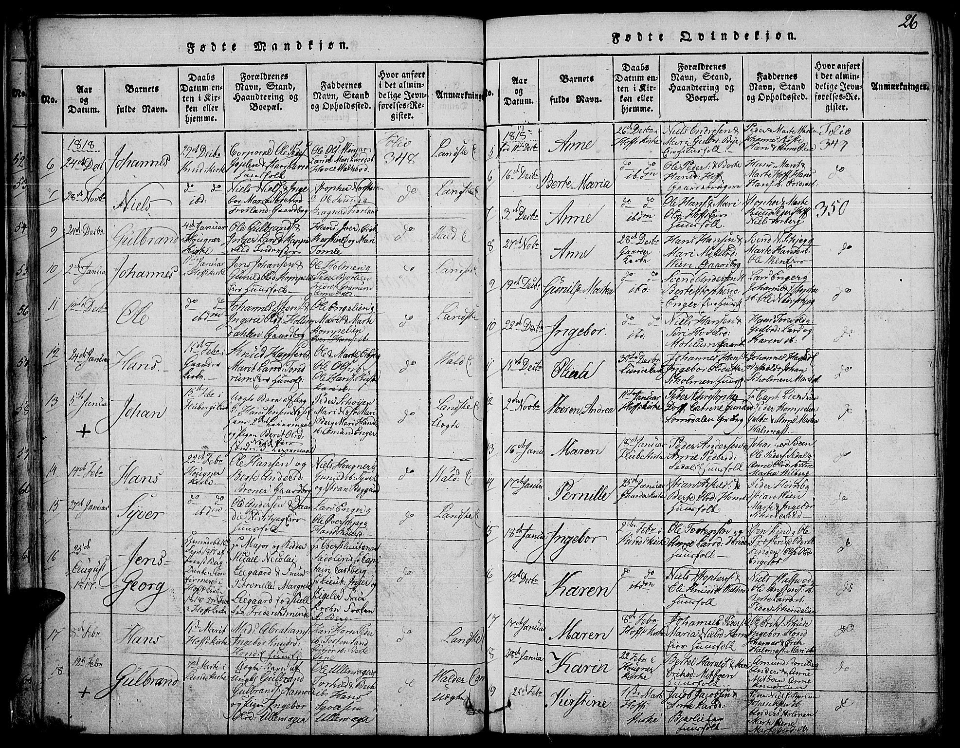 Land prestekontor, SAH/PREST-120/H/Ha/Haa/L0007: Parish register (official) no. 7, 1814-1830, p. 26