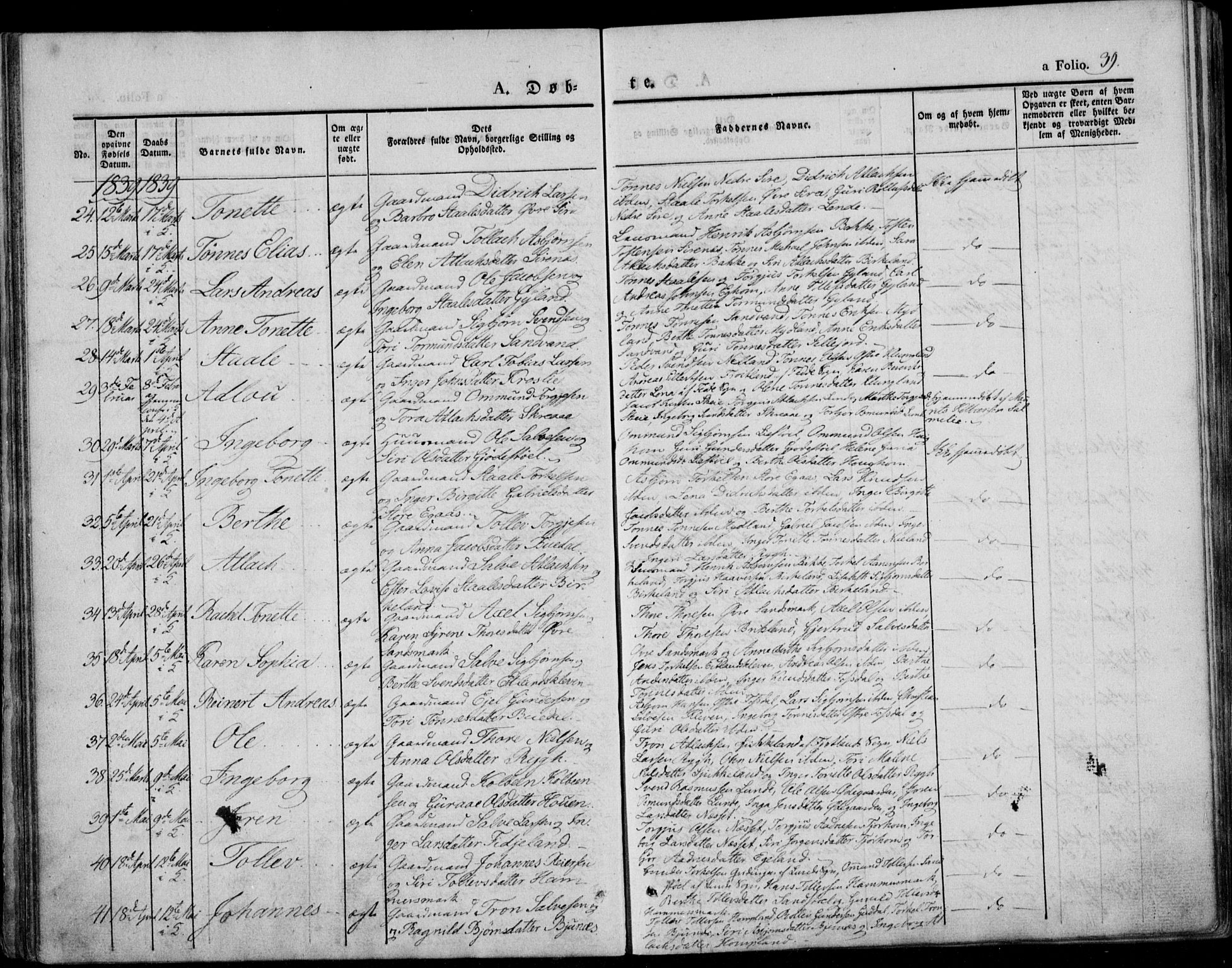 Bakke sokneprestkontor, AV/SAK-1111-0002/F/Fa/Faa/L0004: Parish register (official) no. A 4, 1834-1846, p. 39