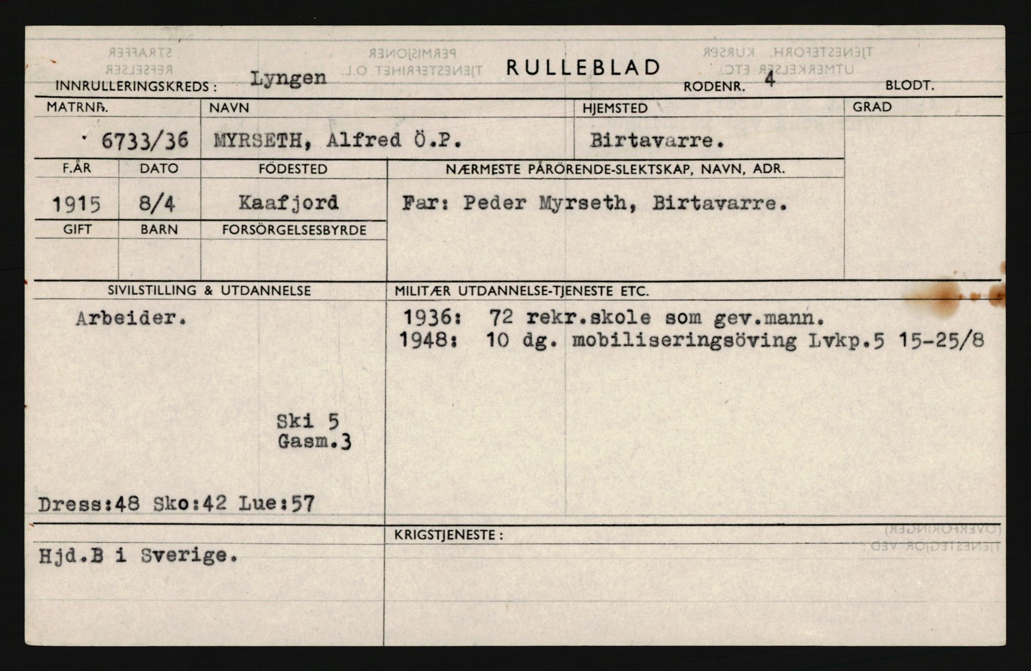 Forsvaret, Troms infanteriregiment nr. 16, AV/RA-RAFA-3146/P/Pa/L0020: Rulleblad for regimentets menige mannskaper, årsklasse 1936, 1936, p. 909