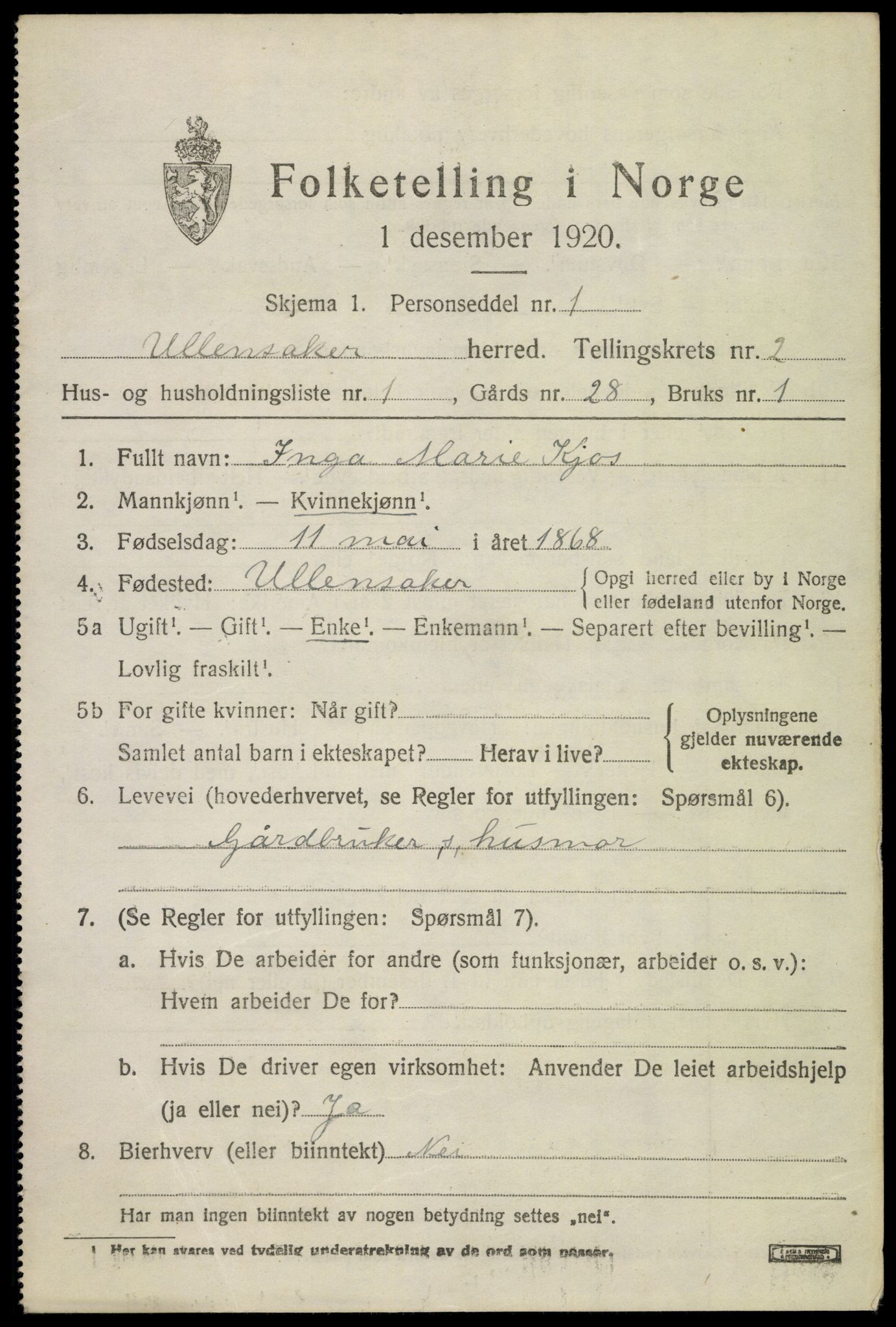 SAO, 1920 census for Ullensaker, 1920, p. 4665