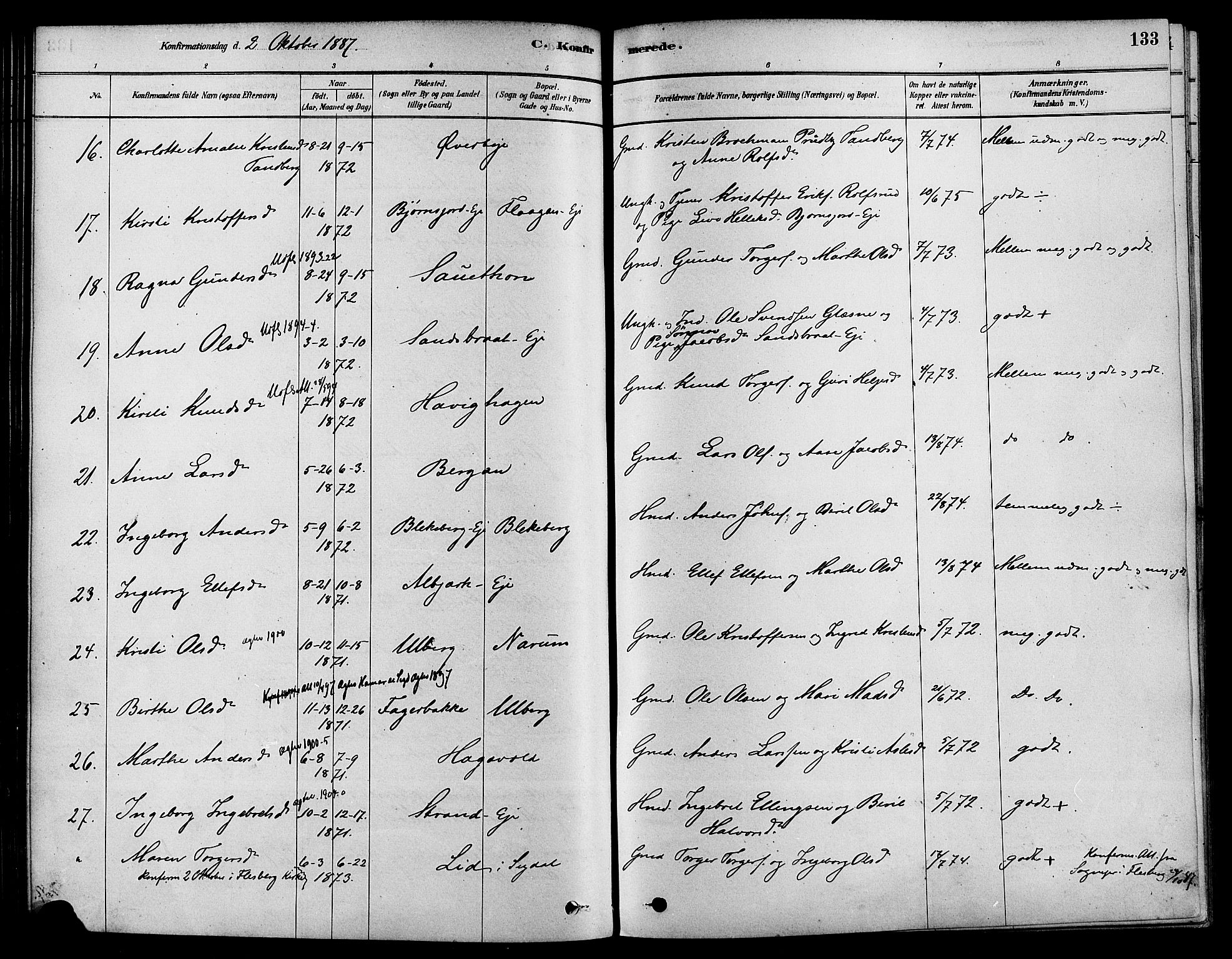 Sigdal kirkebøker, AV/SAKO-A-245/F/Fa/L0011: Parish register (official) no. I 11, 1879-1887, p. 133