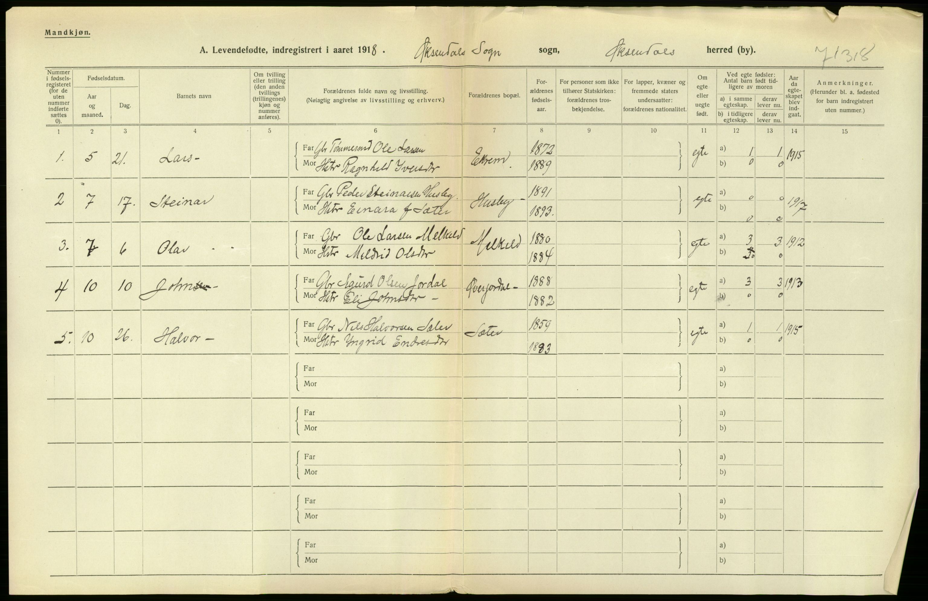 Statistisk sentralbyrå, Sosiodemografiske emner, Befolkning, RA/S-2228/D/Df/Dfb/Dfbh/L0043: Møre fylke: Levendefødte menn og kvinner. Bygder., 1918, p. 448