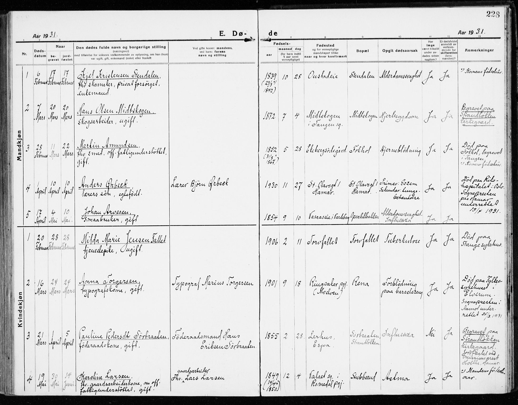 Stange prestekontor, SAH/PREST-002/K/L0025: Parish register (official) no. 25, 1921-1945, p. 228