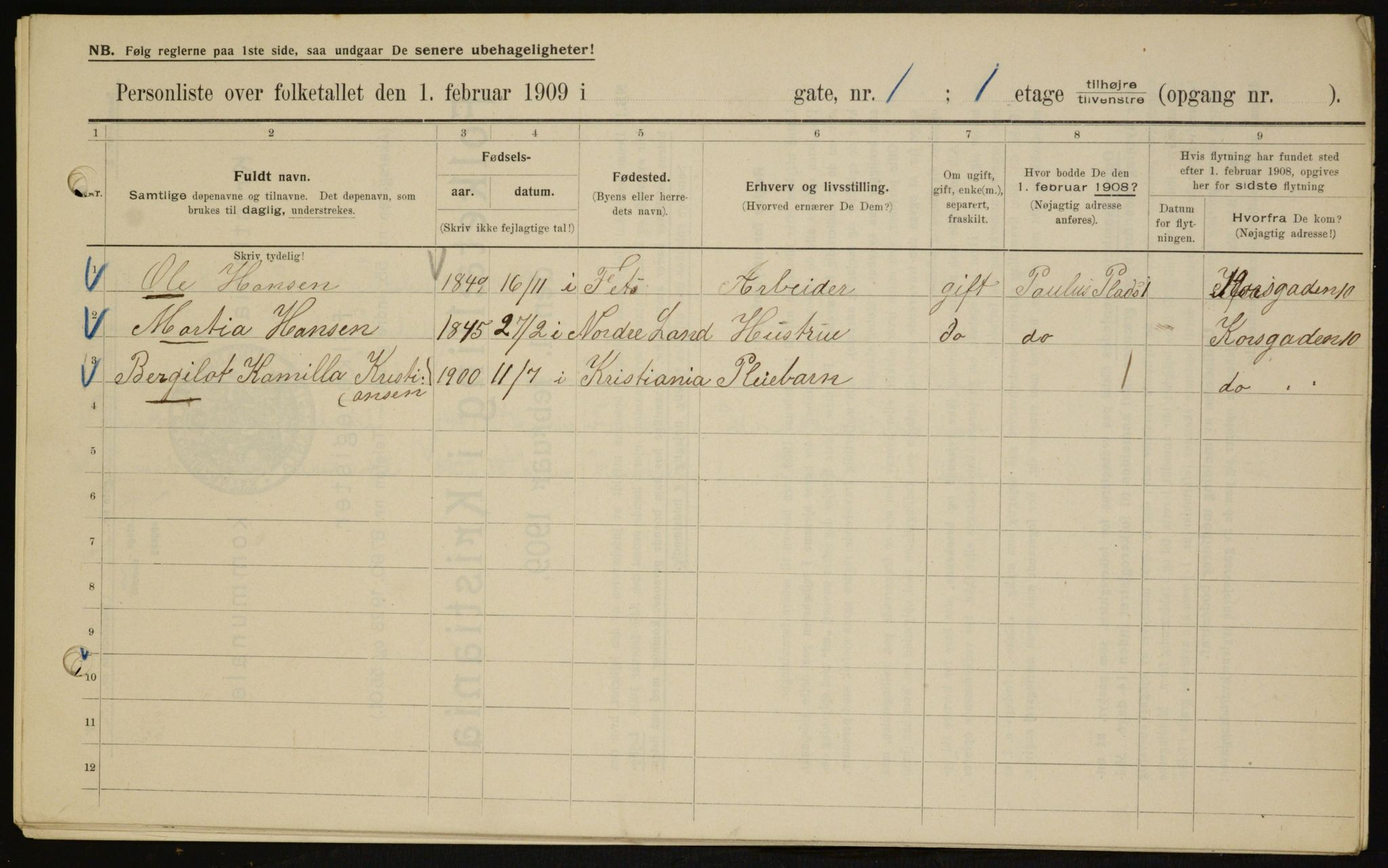 OBA, Municipal Census 1909 for Kristiania, 1909, p. 71115