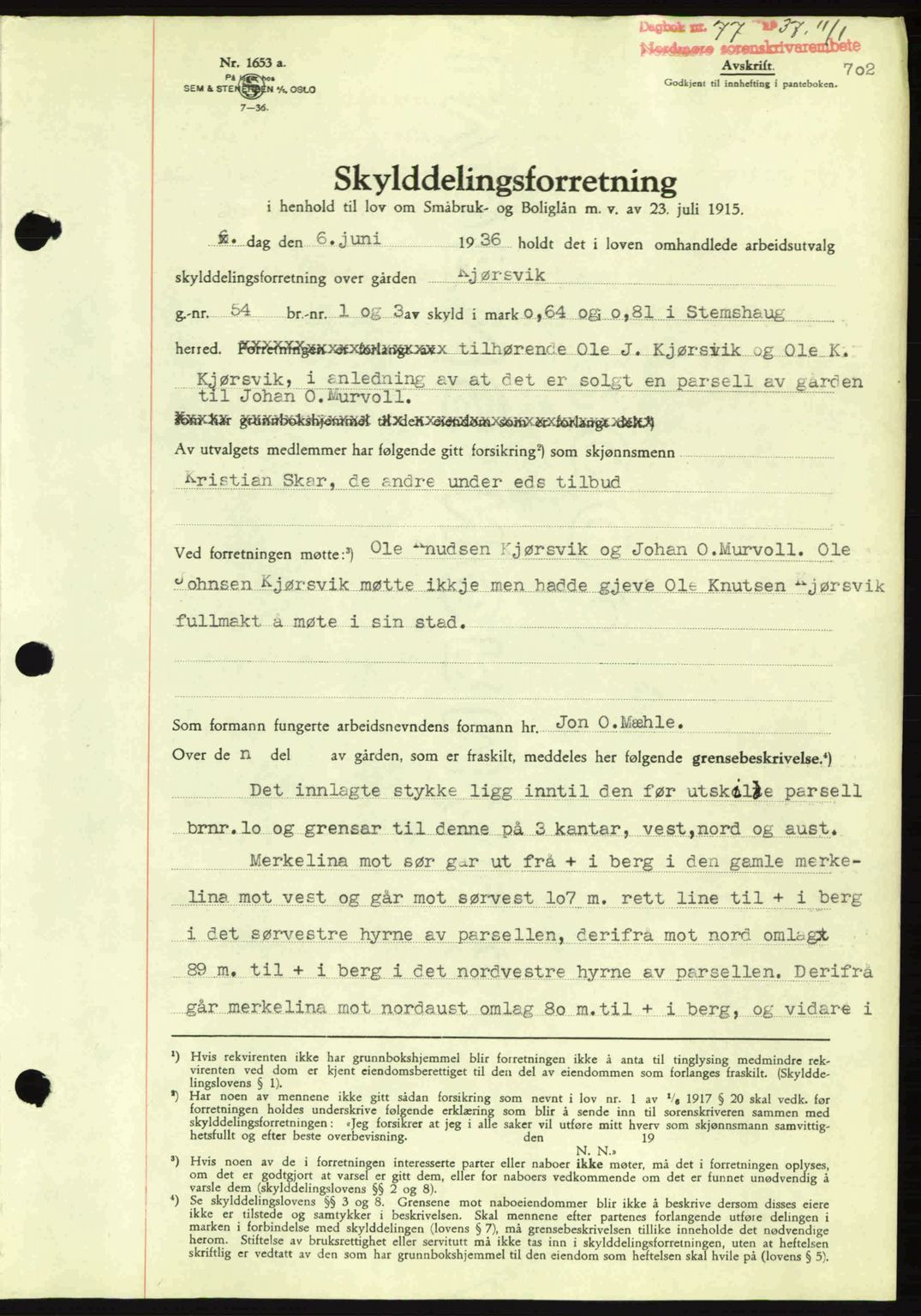 Nordmøre sorenskriveri, AV/SAT-A-4132/1/2/2Ca: Mortgage book no. A80, 1936-1937, Diary no: : 77/1937