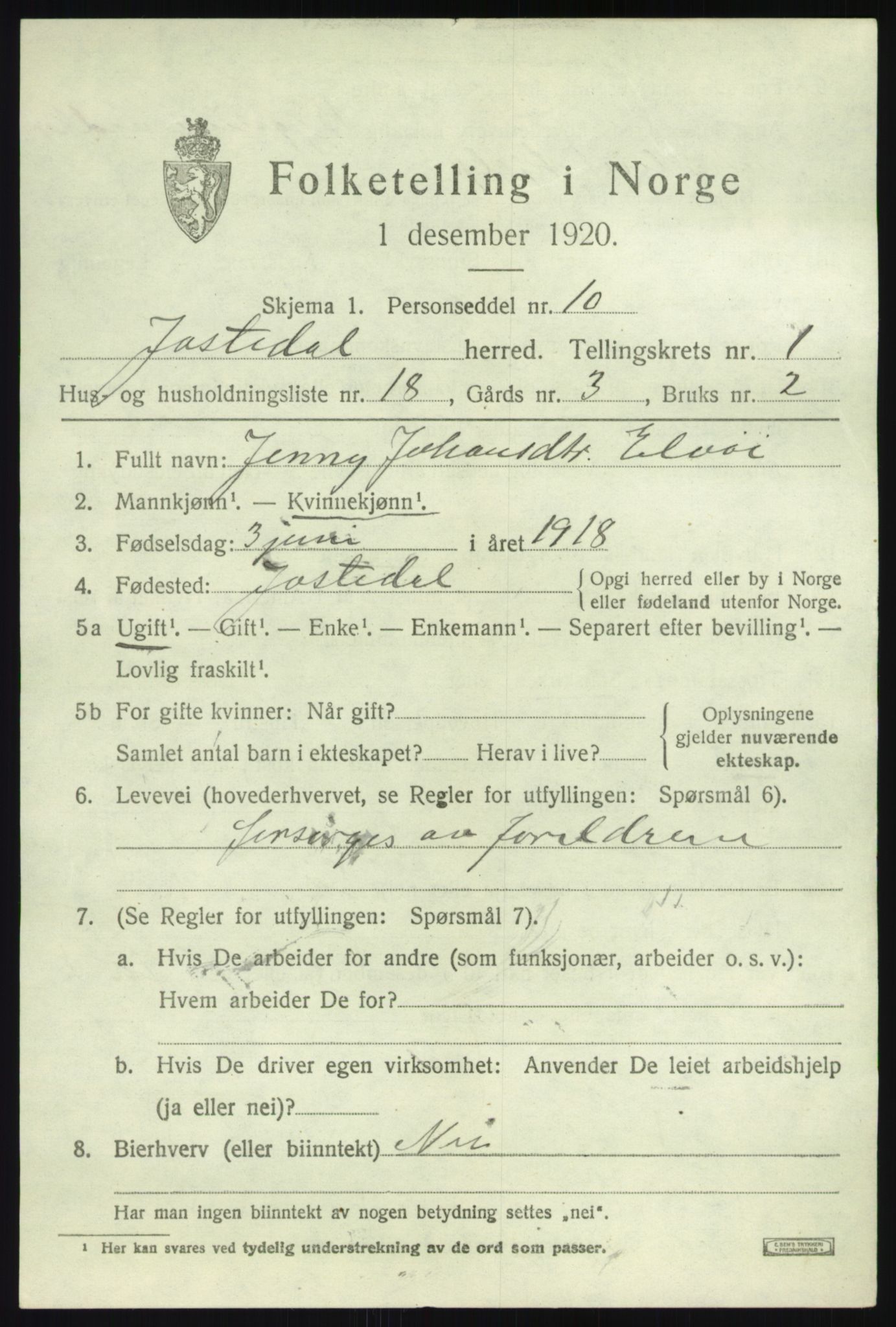 SAB, 1920 census for Jostedal, 1920, p. 576