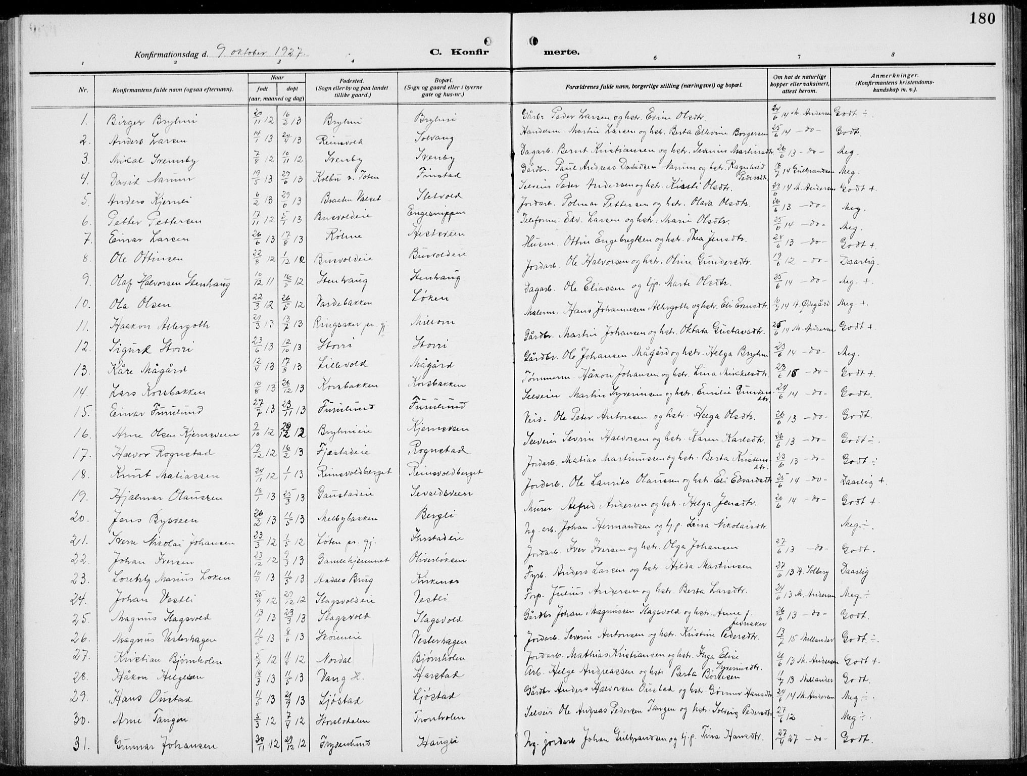 Romedal prestekontor, SAH/PREST-004/L/L0014: Parish register (copy) no. 14, 1915-1939, p. 180