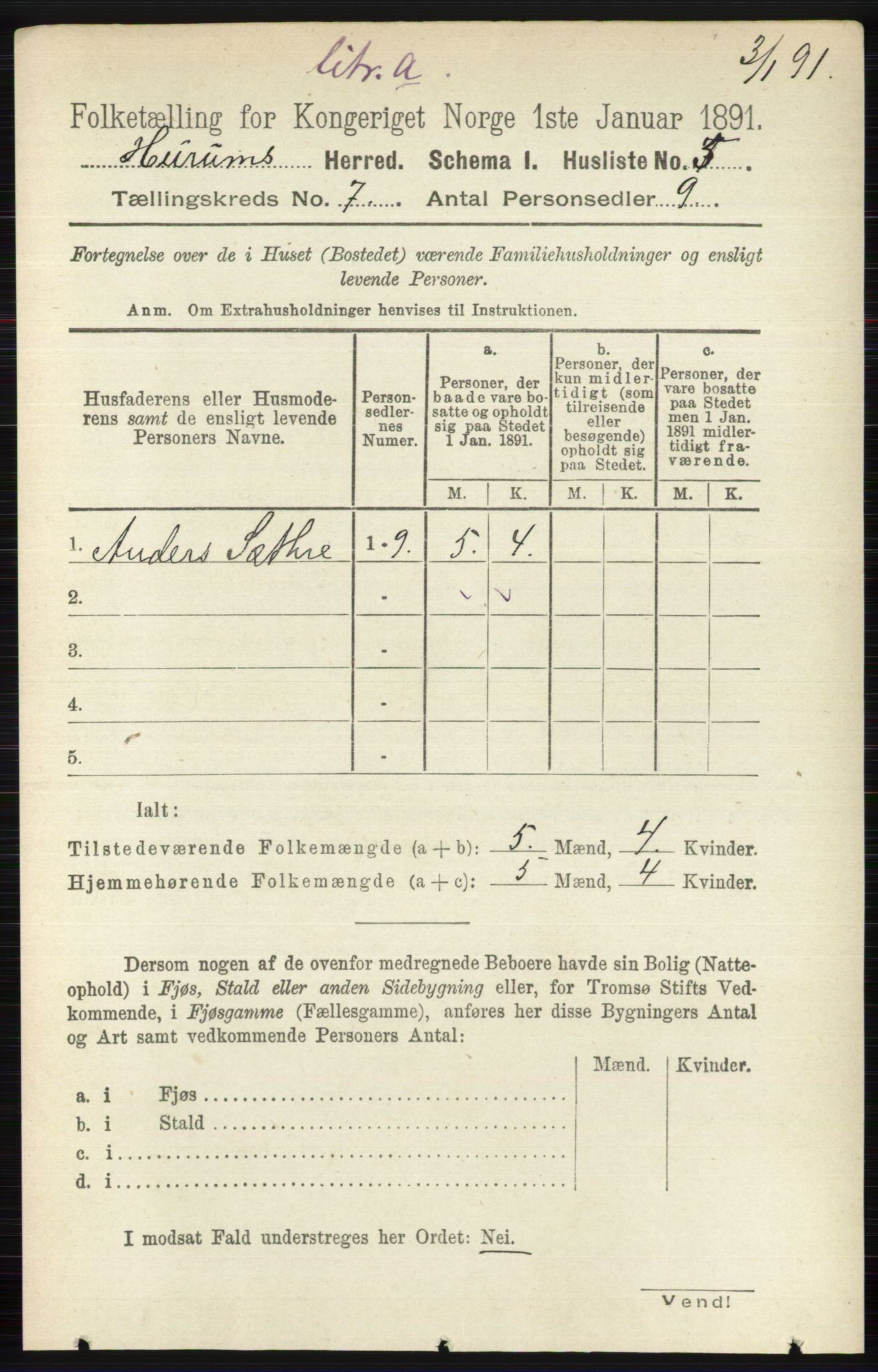 RA, 1891 census for 0628 Hurum, 1891, p. 2217