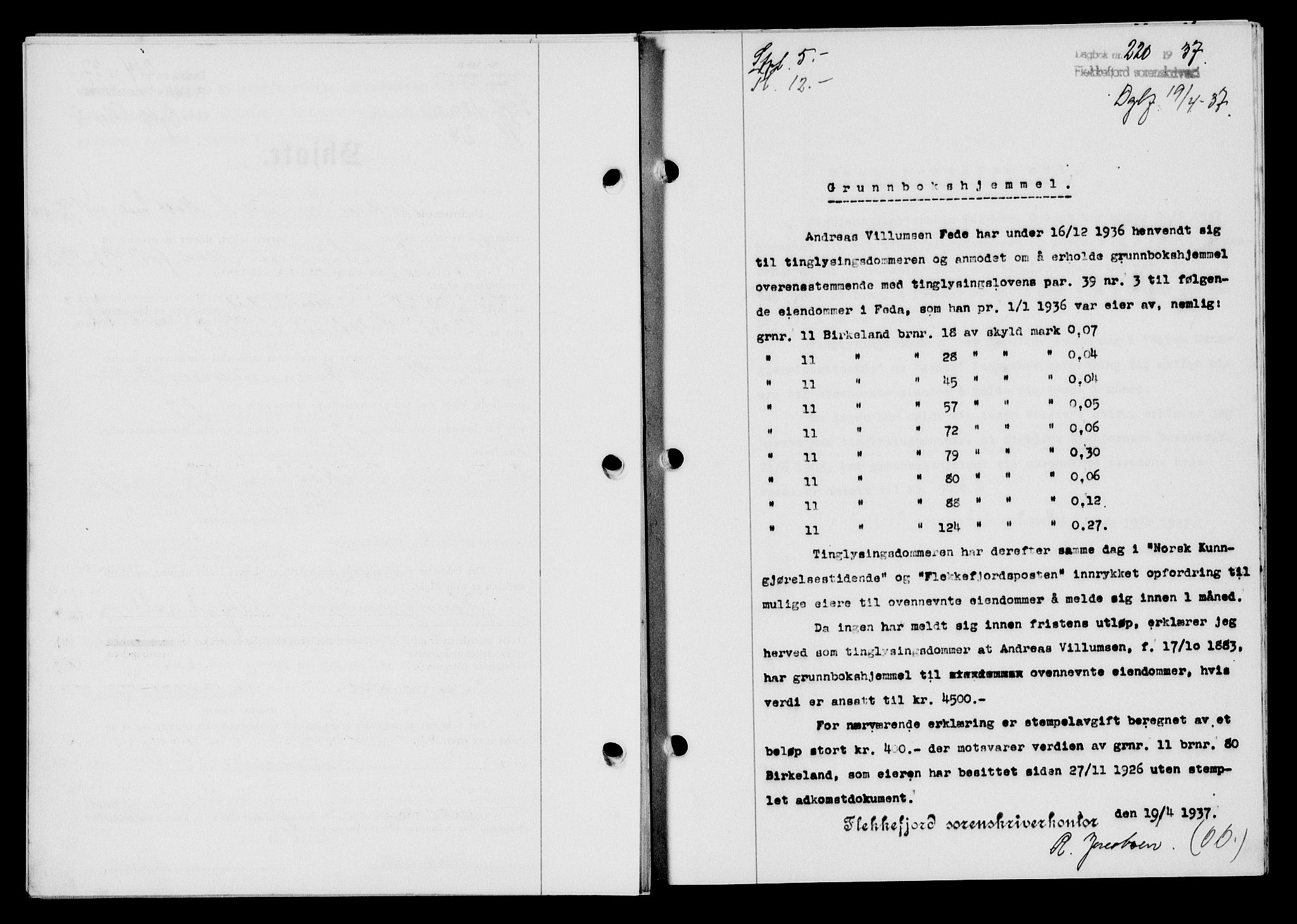 Flekkefjord sorenskriveri, SAK/1221-0001/G/Gb/Gba/L0053: Mortgage book no. A-1, 1936-1937, Diary no: : 220/1937