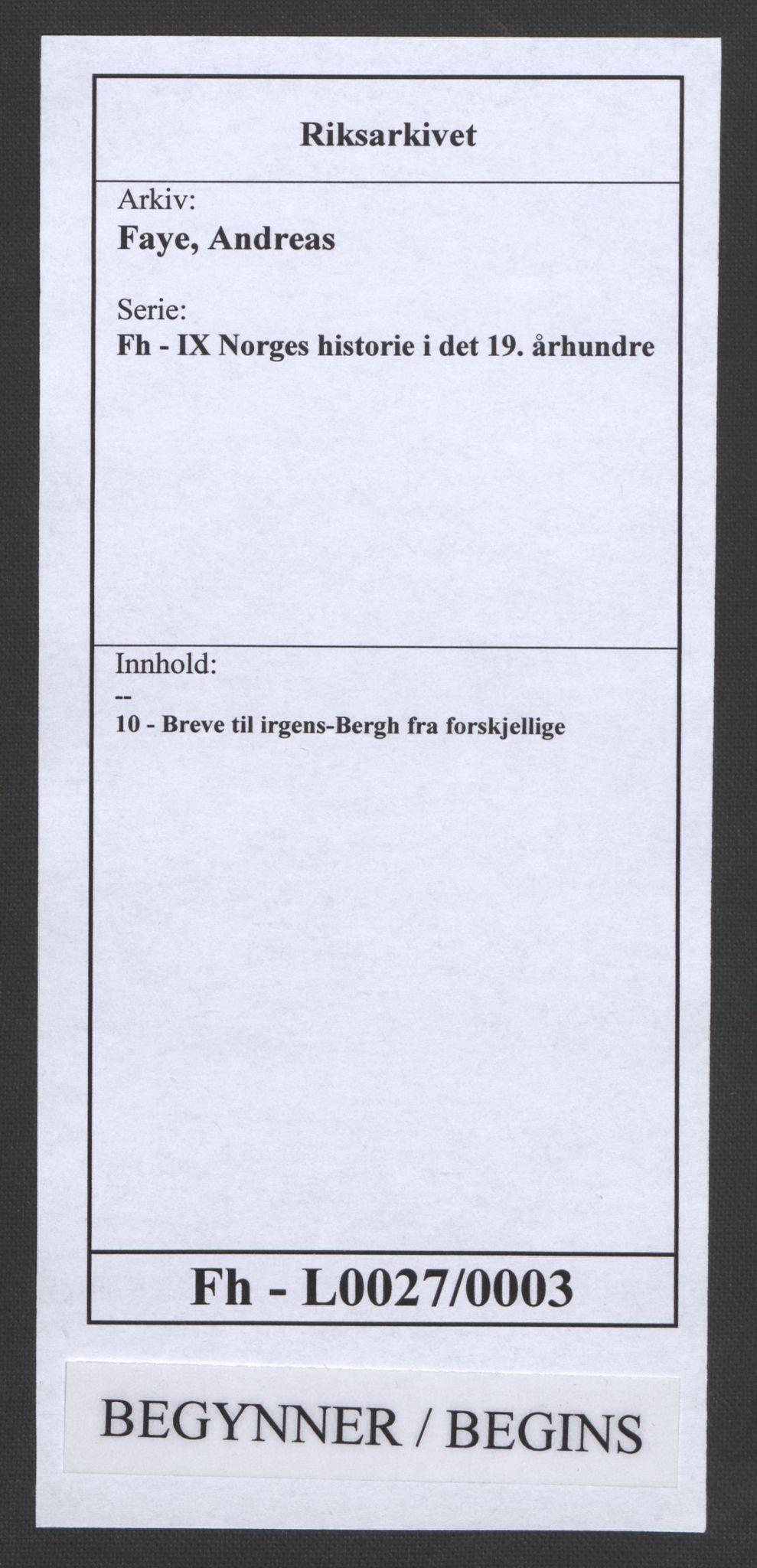Faye, Andreas, RA/PA-0015/F/Fh/L0027/0003: -- / Breve til irgens-Bergh fra forskjellige, p. 1