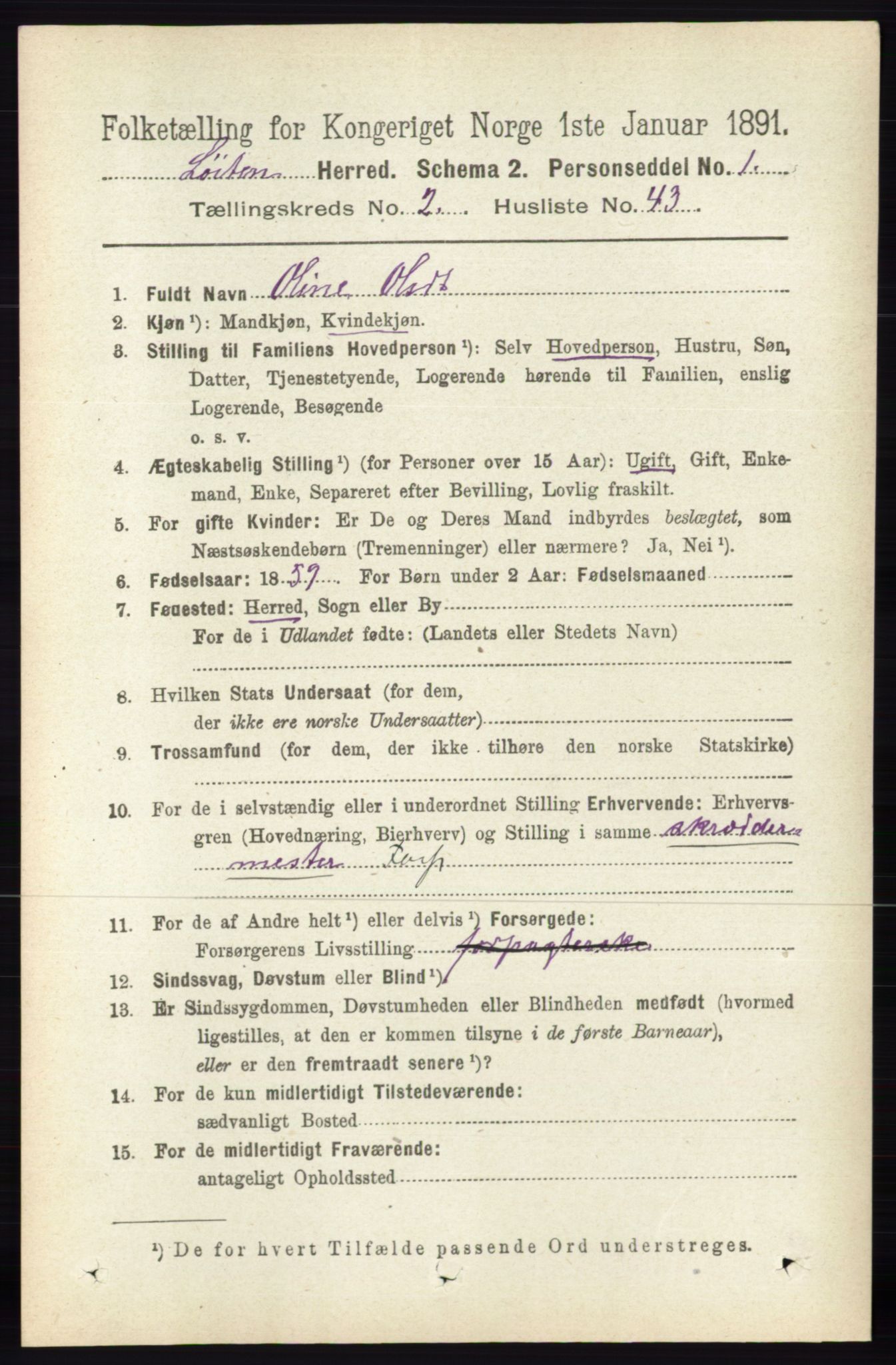 RA, 1891 census for 0415 Løten, 1891, p. 1696