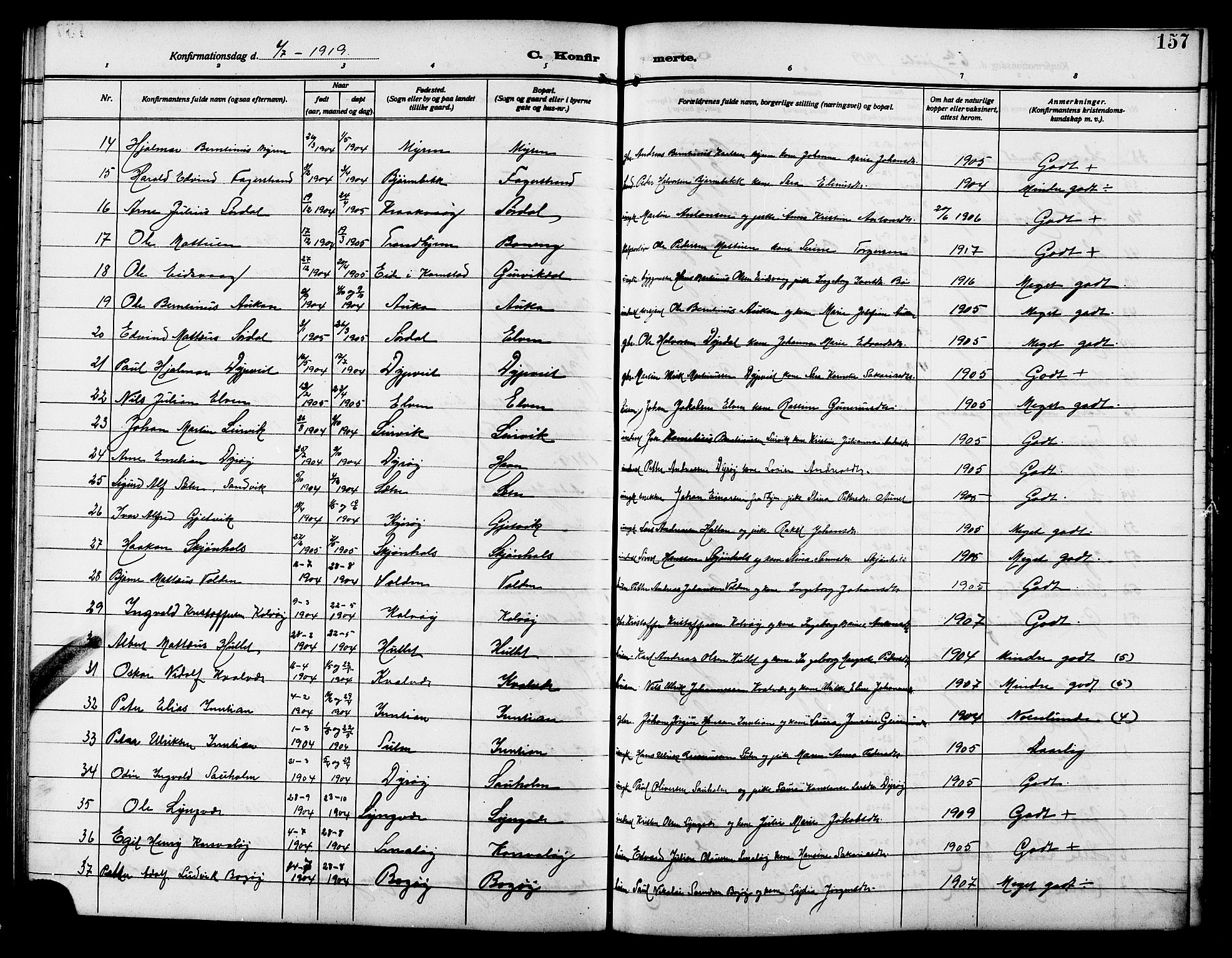 Ministerialprotokoller, klokkerbøker og fødselsregistre - Sør-Trøndelag, SAT/A-1456/640/L0588: Parish register (copy) no. 640C05, 1909-1922, p. 157