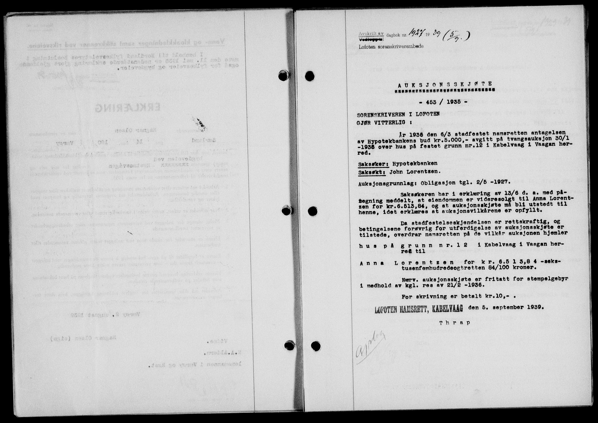 Lofoten sorenskriveri, SAT/A-0017/1/2/2C/L0006a: Mortgage book no. 6a, 1939-1939, Diary no: : 1927/1939