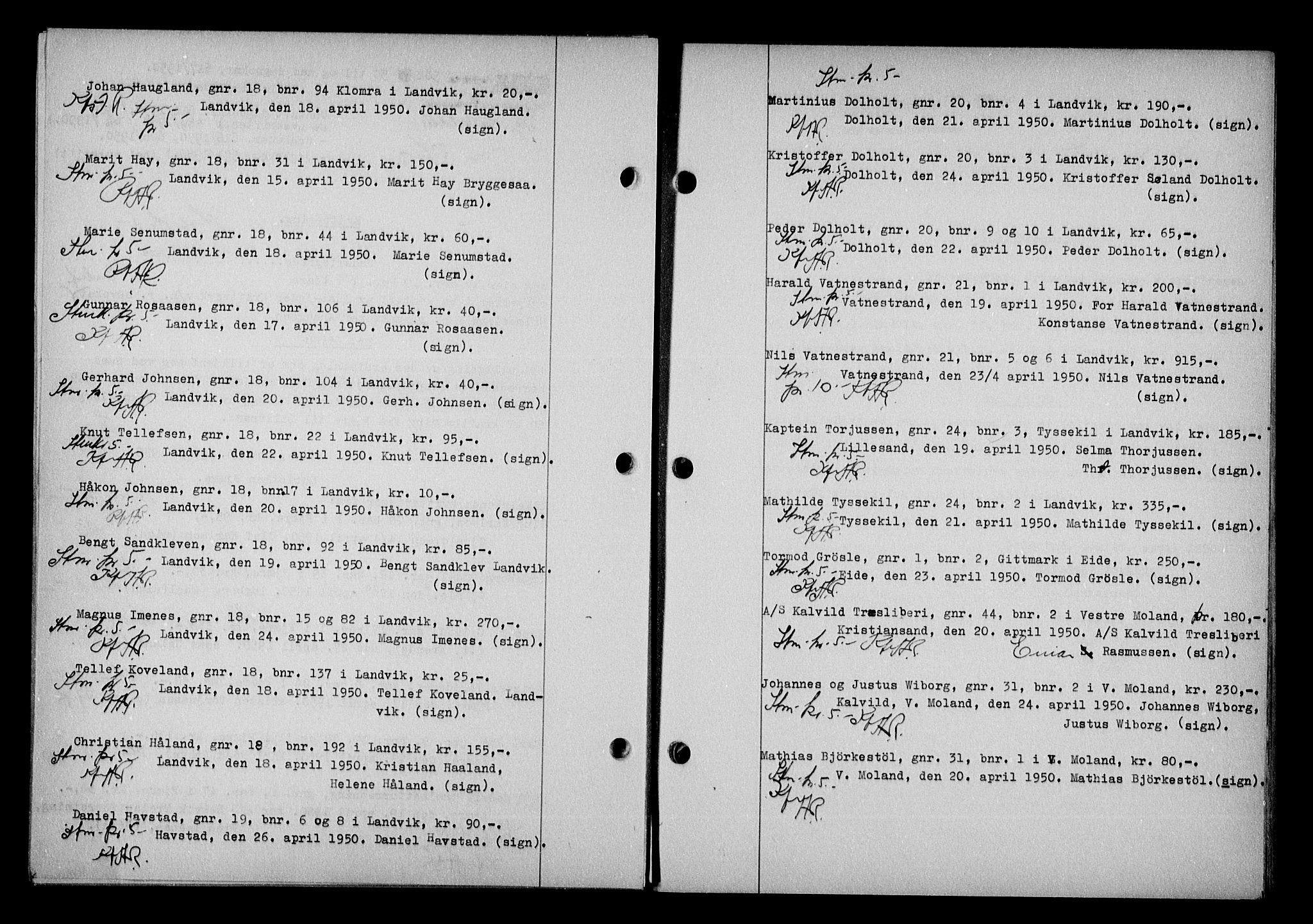 Vestre Nedenes/Sand sorenskriveri, SAK/1221-0010/G/Gb/Gba/L0059: Mortgage book no. A 12, 1949-1950, Diary no: : 582/1950