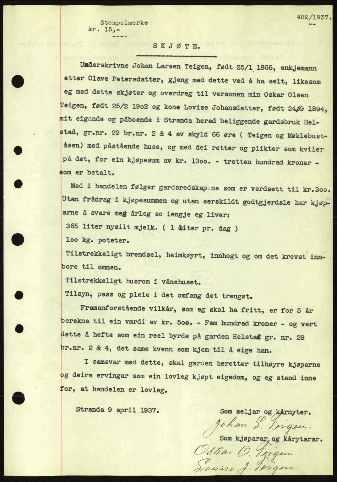 Nordre Sunnmøre sorenskriveri, AV/SAT-A-0006/1/2/2C/2Ca: Mortgage book no. A2, 1936-1937, Diary no: : 482/1937