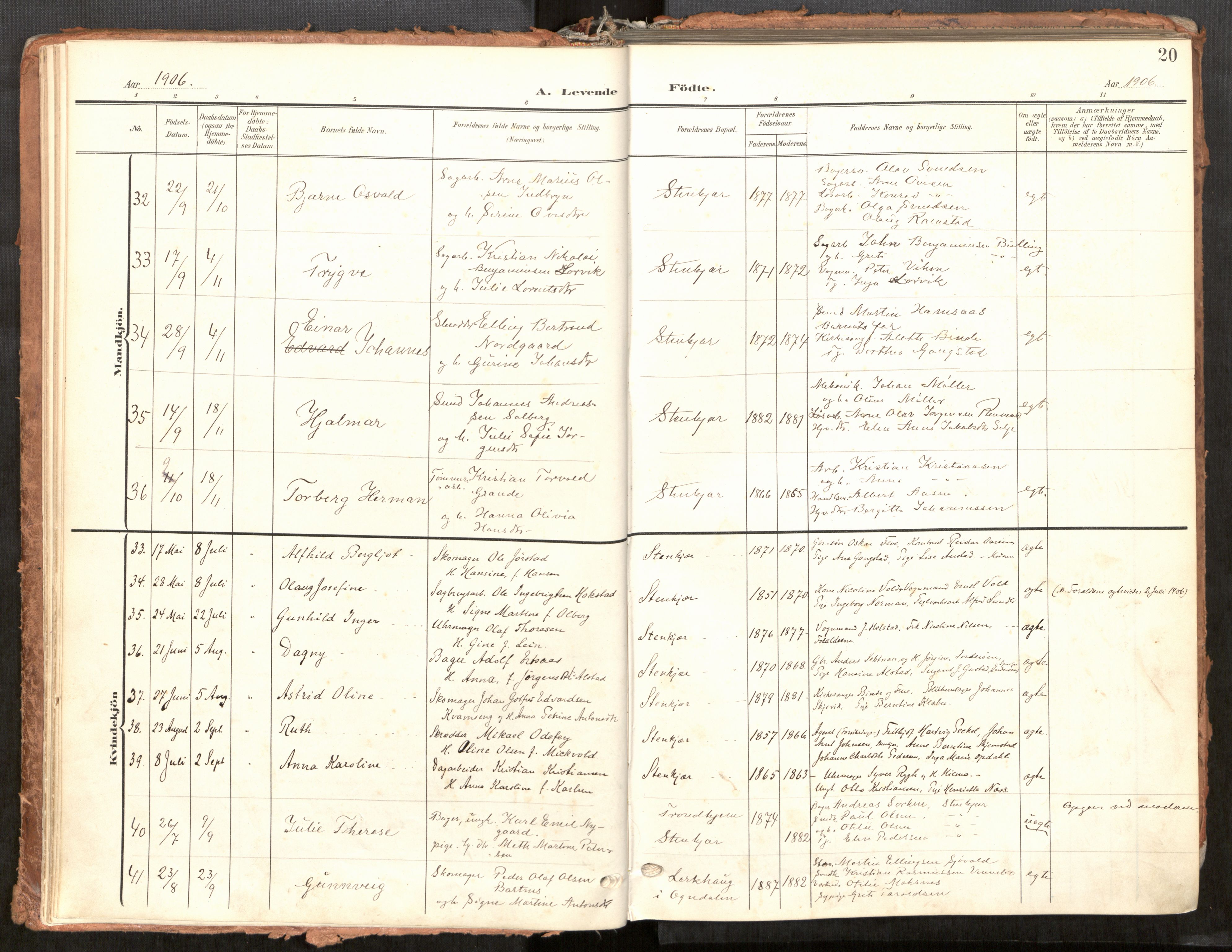 Steinkjer sokneprestkontor, SAT/A-1541/01/H/Ha/Haa/L0001: Parish register (official) no. 1, 1904-1912, p. 20