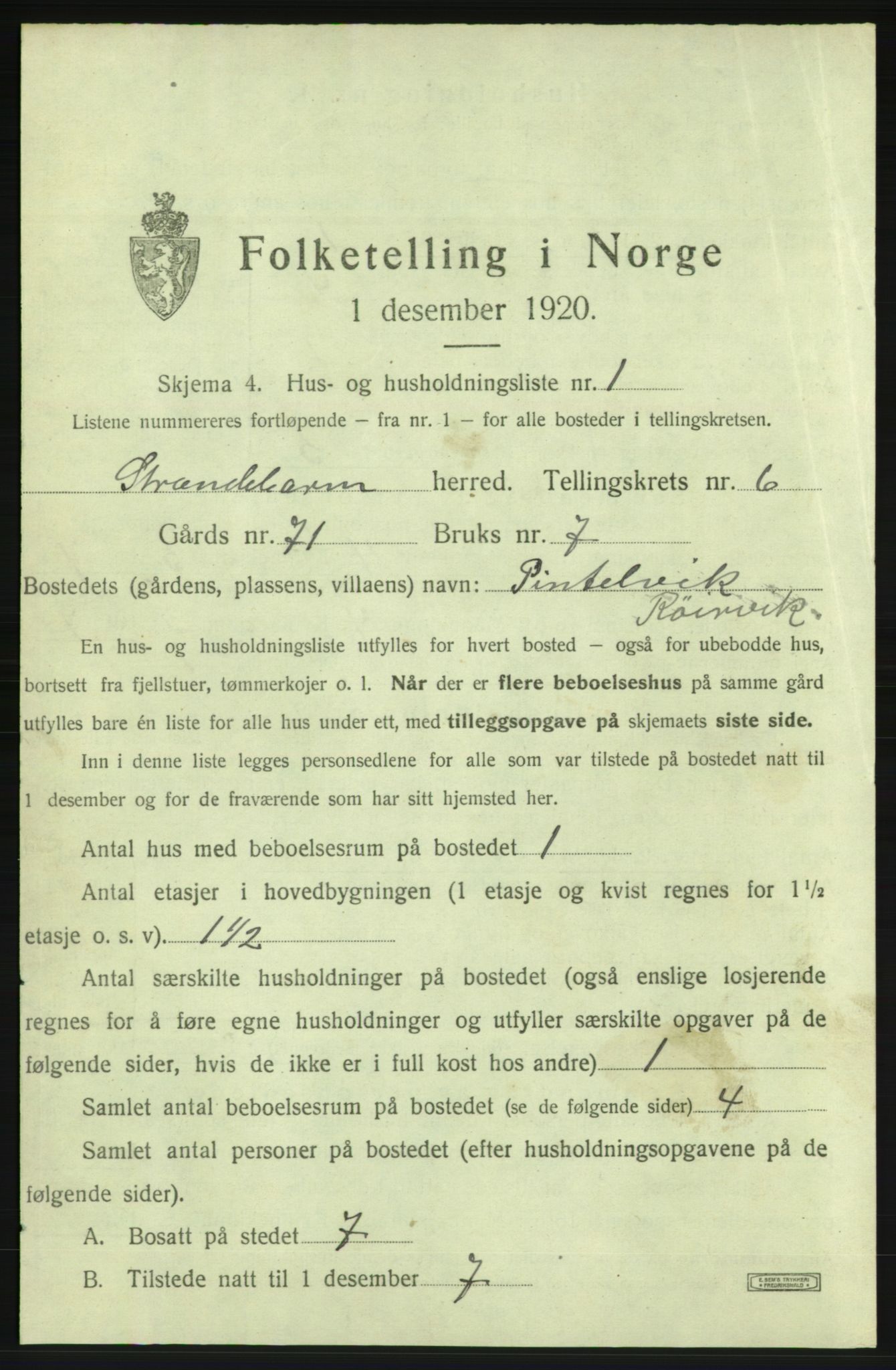 SAB, 1920 census for Strandebarm, 1920, p. 1033