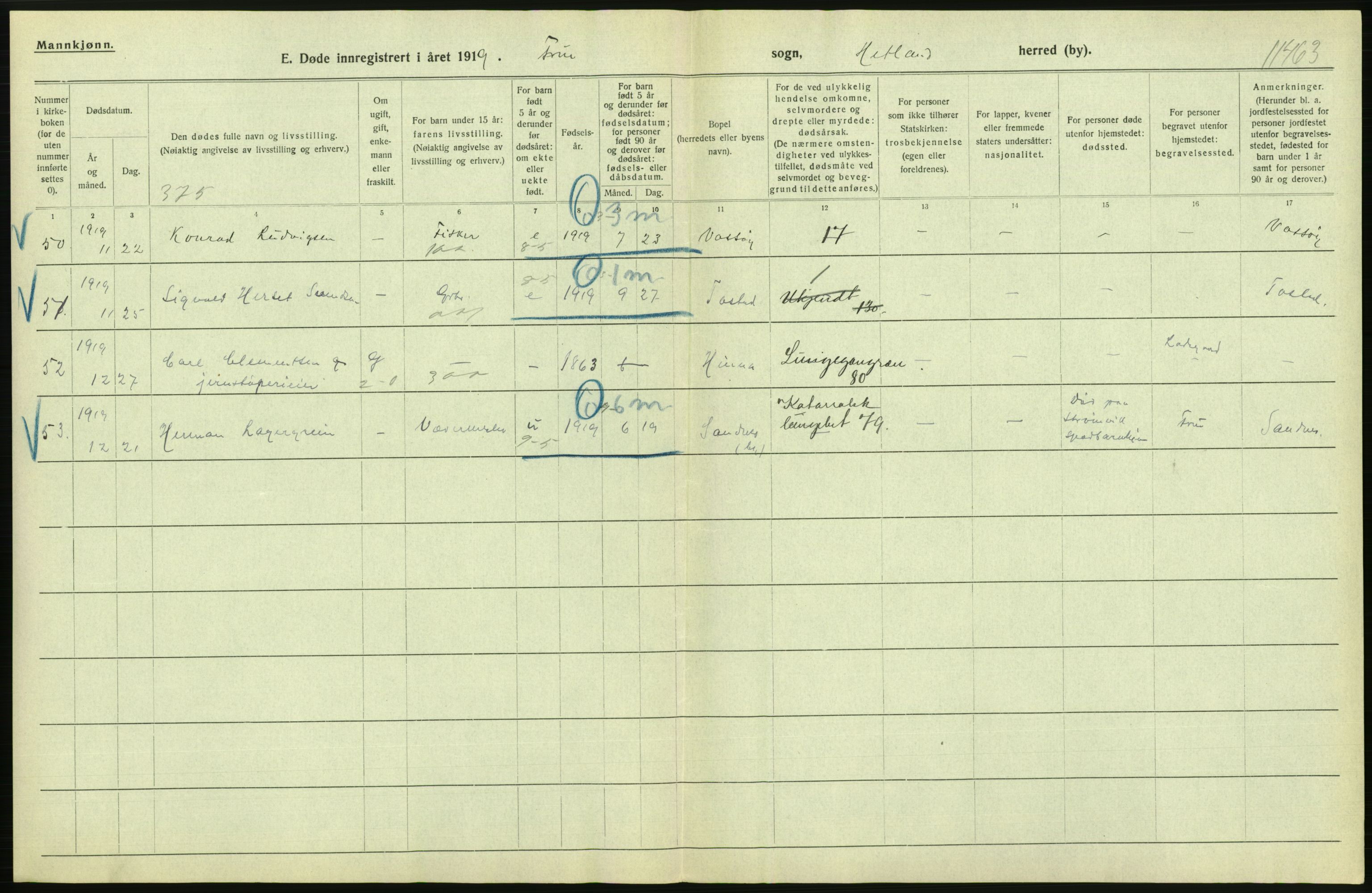 Statistisk sentralbyrå, Sosiodemografiske emner, Befolkning, AV/RA-S-2228/D/Df/Dfb/Dfbi/L0030: Rogaland fylke: Døde. Bygder og byer., 1919, p. 70