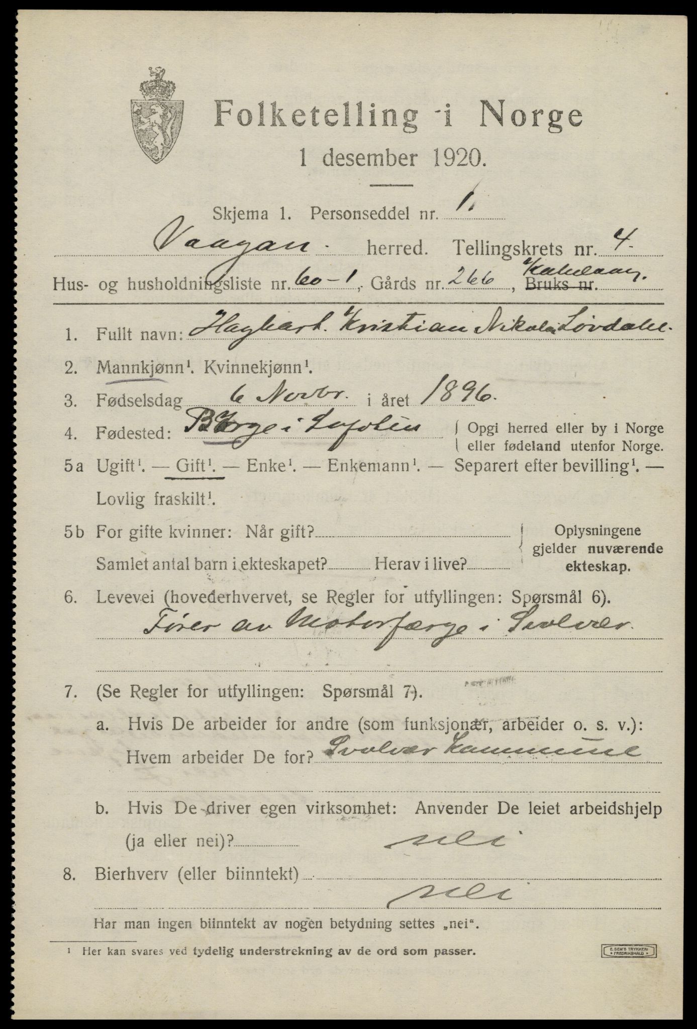 SAT, 1920 census for Vågan, 1920, p. 3949