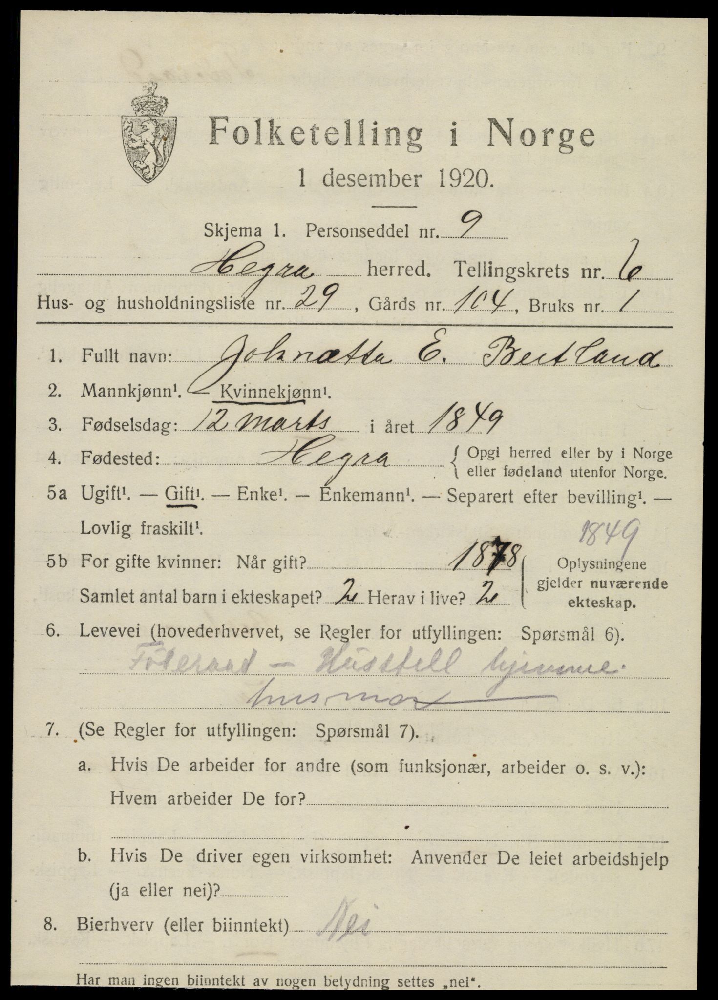 SAT, 1920 census for Hegra, 1920, p. 5144