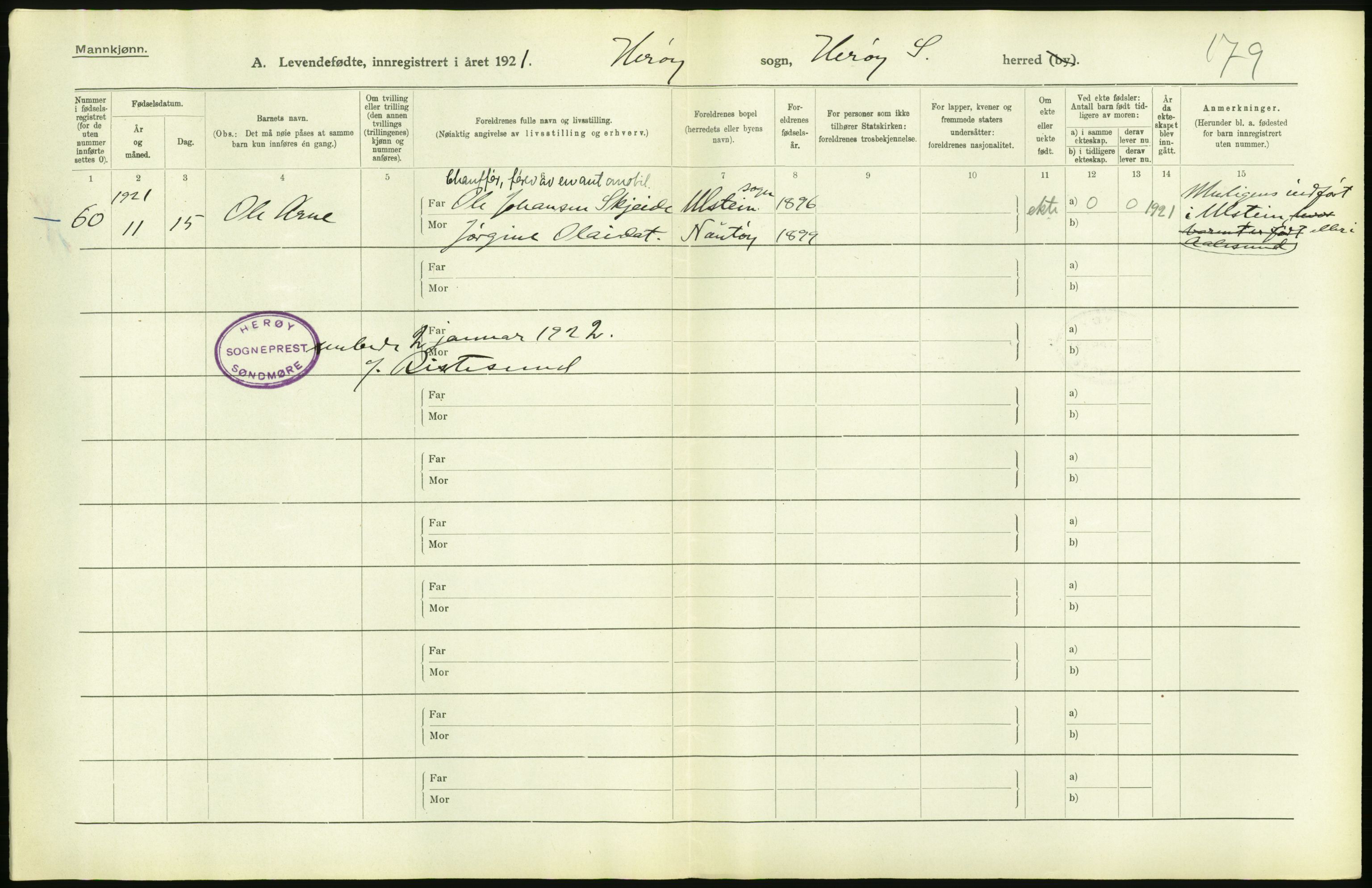 Statistisk sentralbyrå, Sosiodemografiske emner, Befolkning, AV/RA-S-2228/D/Df/Dfc/Dfca/L0040: Møre fylke: Levendefødte menn og kvinner. Bygder., 1921, p. 32