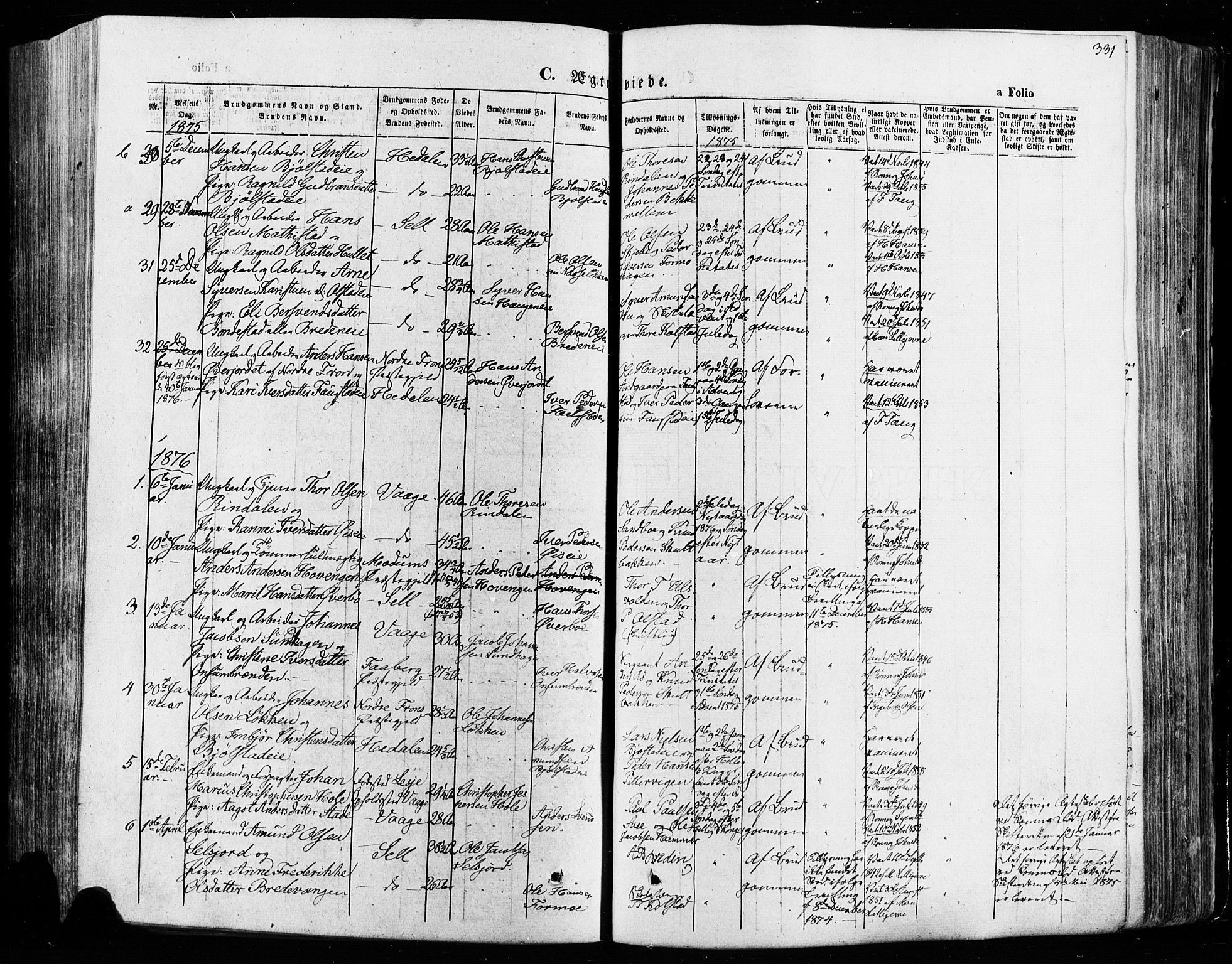Vågå prestekontor, SAH/PREST-076/H/Ha/Haa/L0007: Parish register (official) no. 7 /1, 1872-1886, p. 331