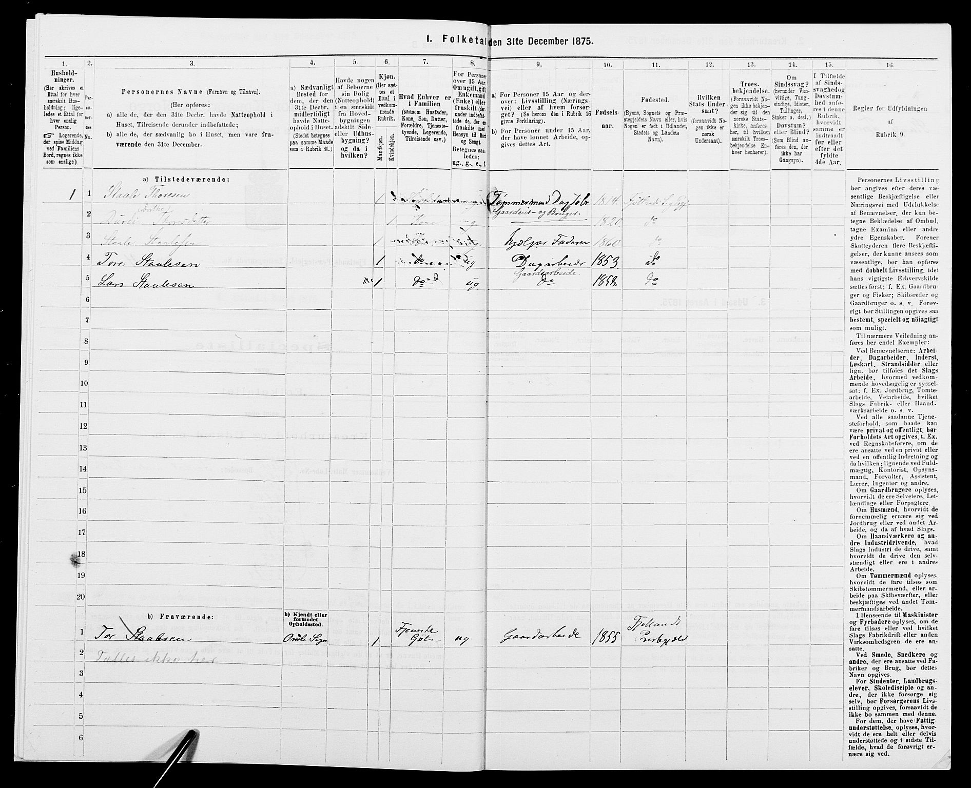 SAK, 1875 census for 1036P Fjotland, 1875, p. 222