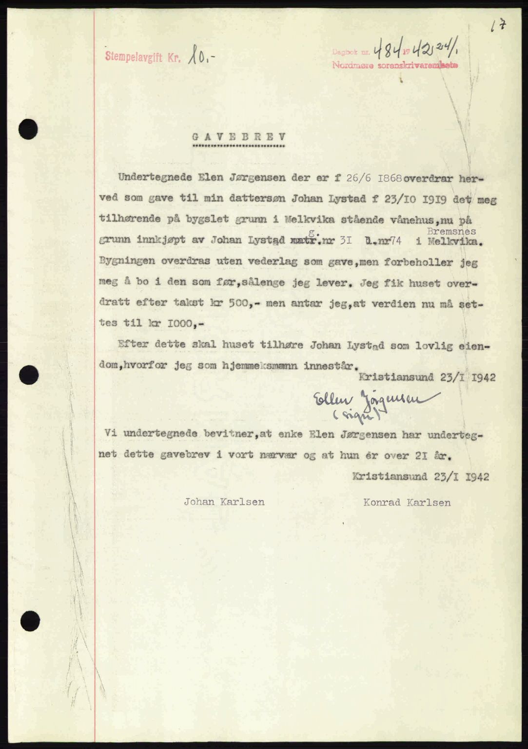 Nordmøre sorenskriveri, AV/SAT-A-4132/1/2/2Ca: Mortgage book no. A92, 1942-1942, Diary no: : 484/1942