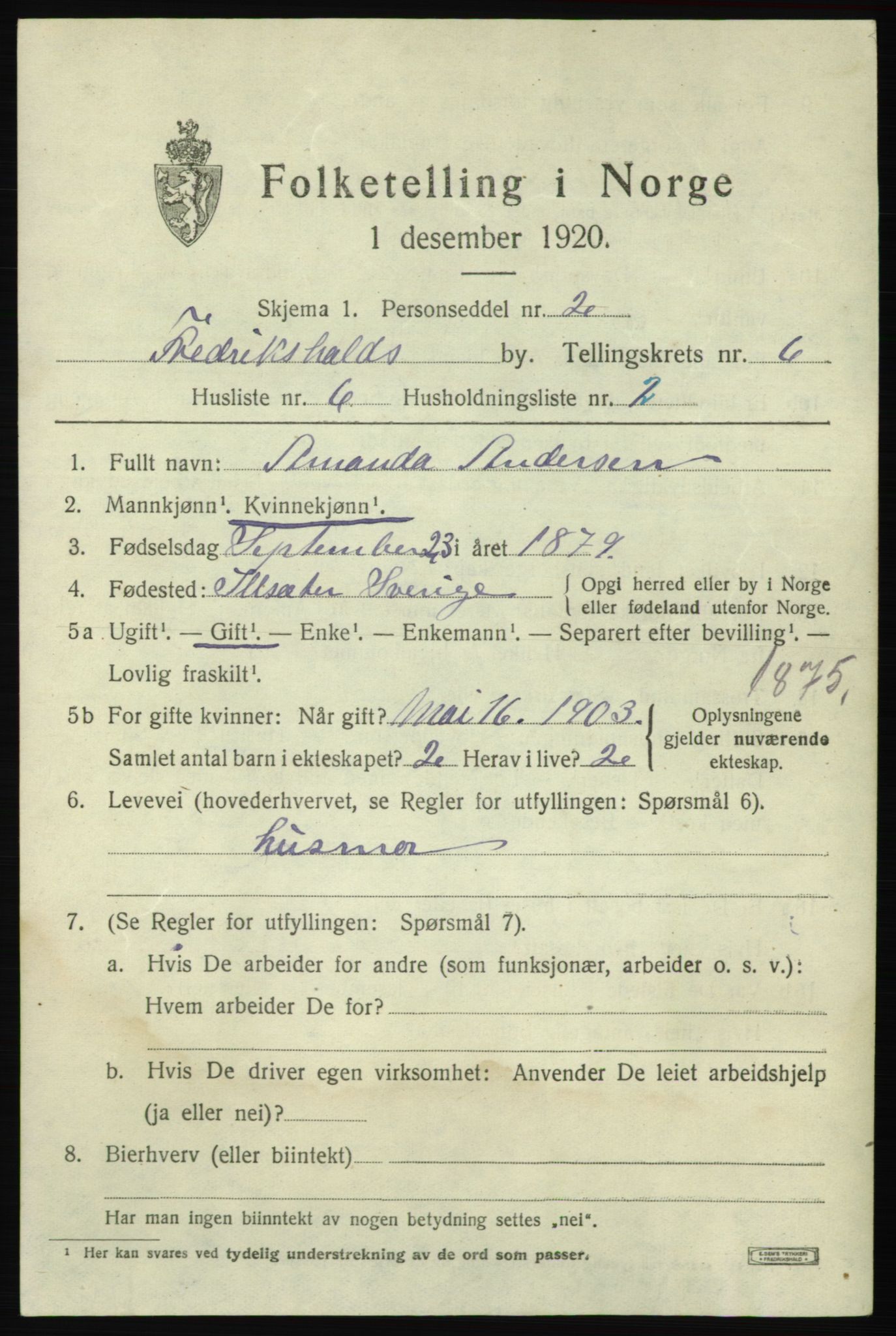 SAO, 1920 census for Fredrikshald, 1920, p. 12902