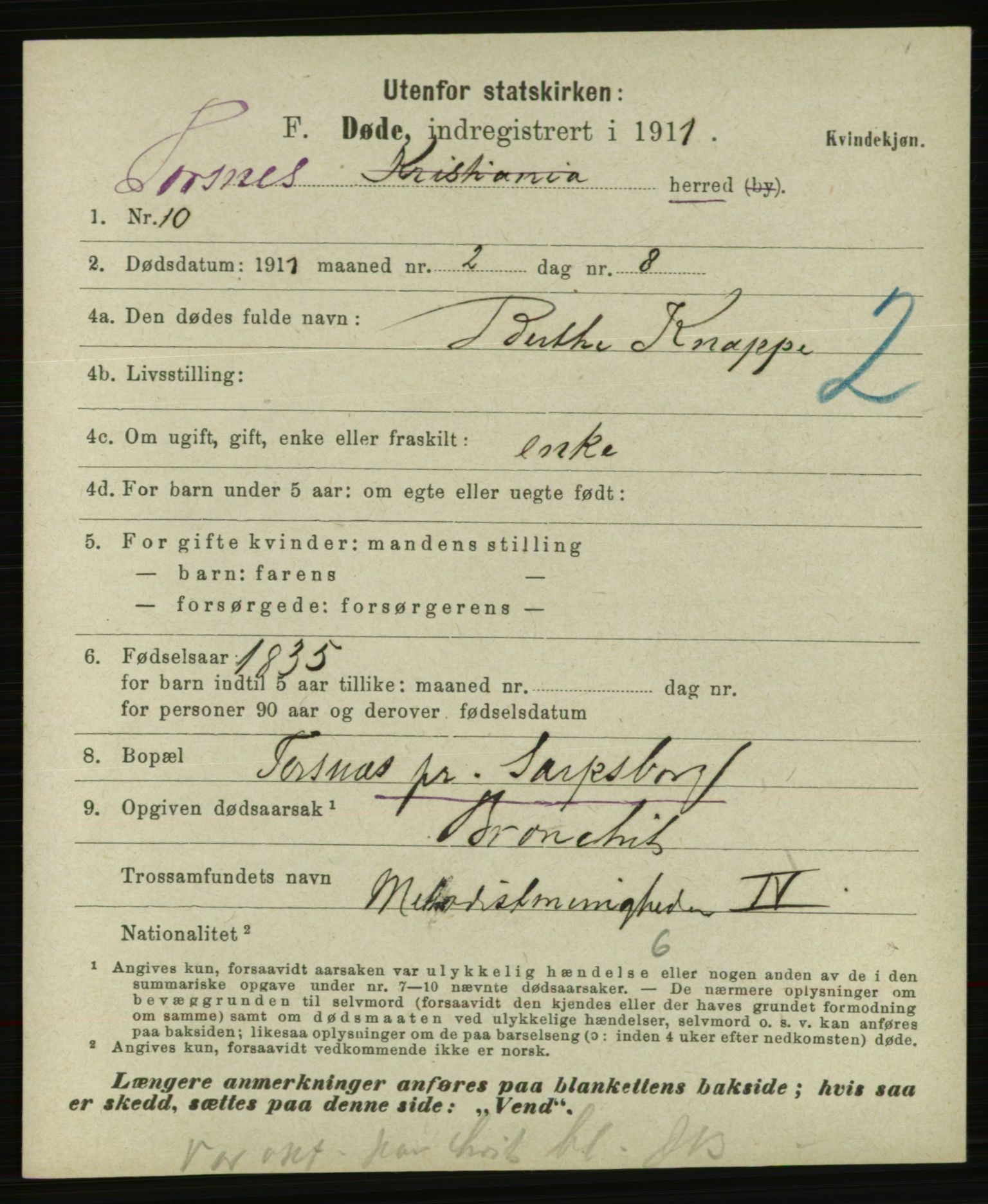 Statistisk sentralbyrå, Sosiodemografiske emner, Befolkning, AV/RA-S-2228/E/L0009: Fødte, gifte, døde dissentere., 1911, p. 2261