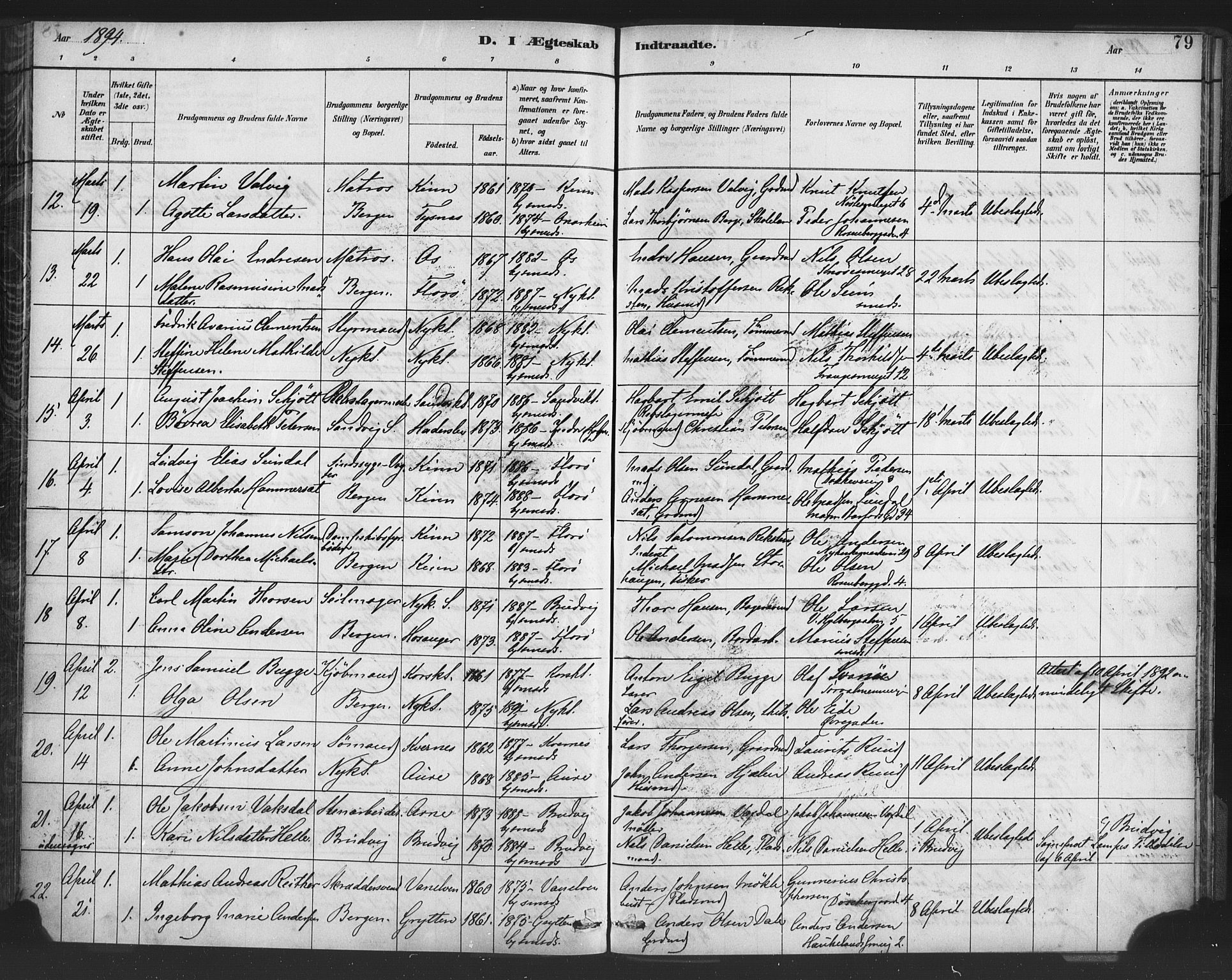 Nykirken Sokneprestembete, AV/SAB-A-77101/H/Haa/L0033: Parish register (official) no. D 3, 1884-1895, p. 79