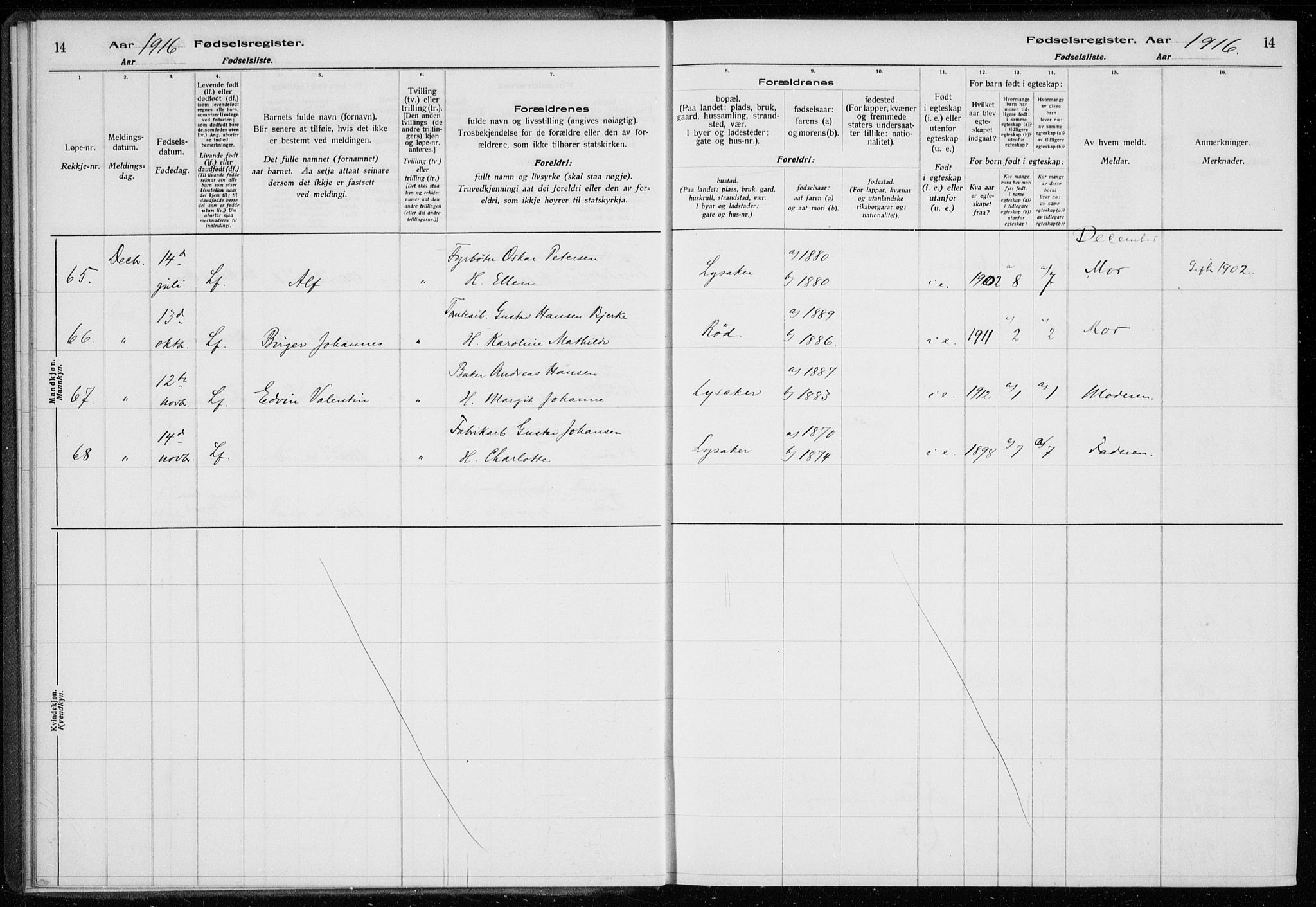 Ullern prestekontor Kirkebøker, AV/SAO-A-10740/J/L0001: Birth register no. 1, 1916-1928, p. 14