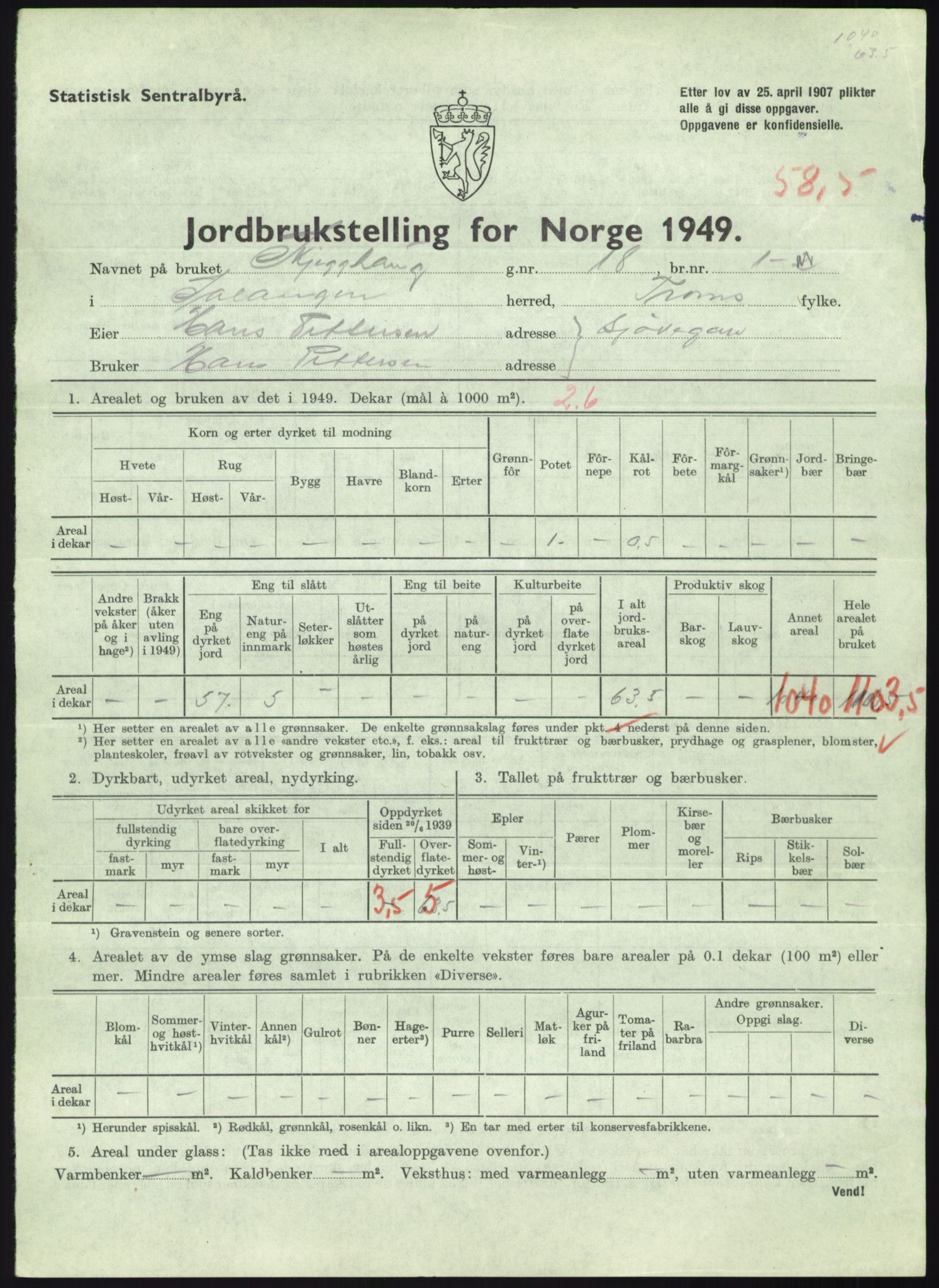 Statistisk sentralbyrå, Næringsøkonomiske emner, Jordbruk, skogbruk, jakt, fiske og fangst, AV/RA-S-2234/G/Gc/L0438: Troms: Salangen og Bardu, 1949, p. 850