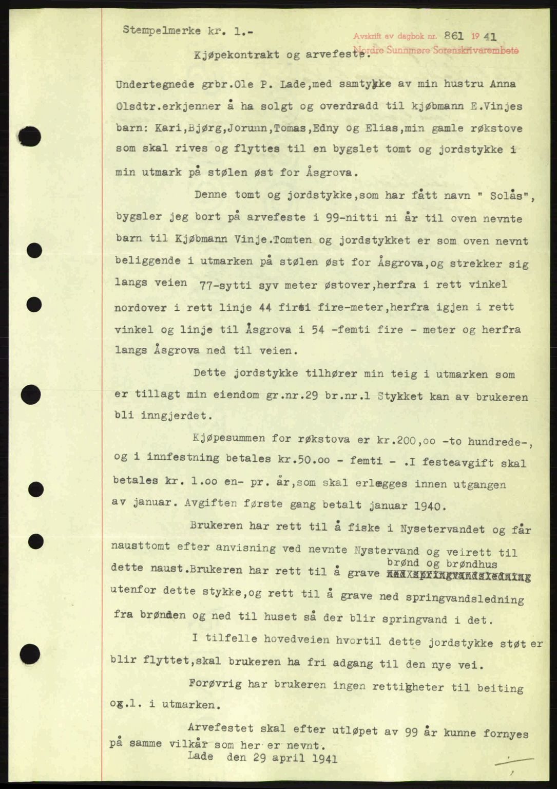 Nordre Sunnmøre sorenskriveri, AV/SAT-A-0006/1/2/2C/2Ca: Mortgage book no. A11, 1941-1941, Diary no: : 861/1941