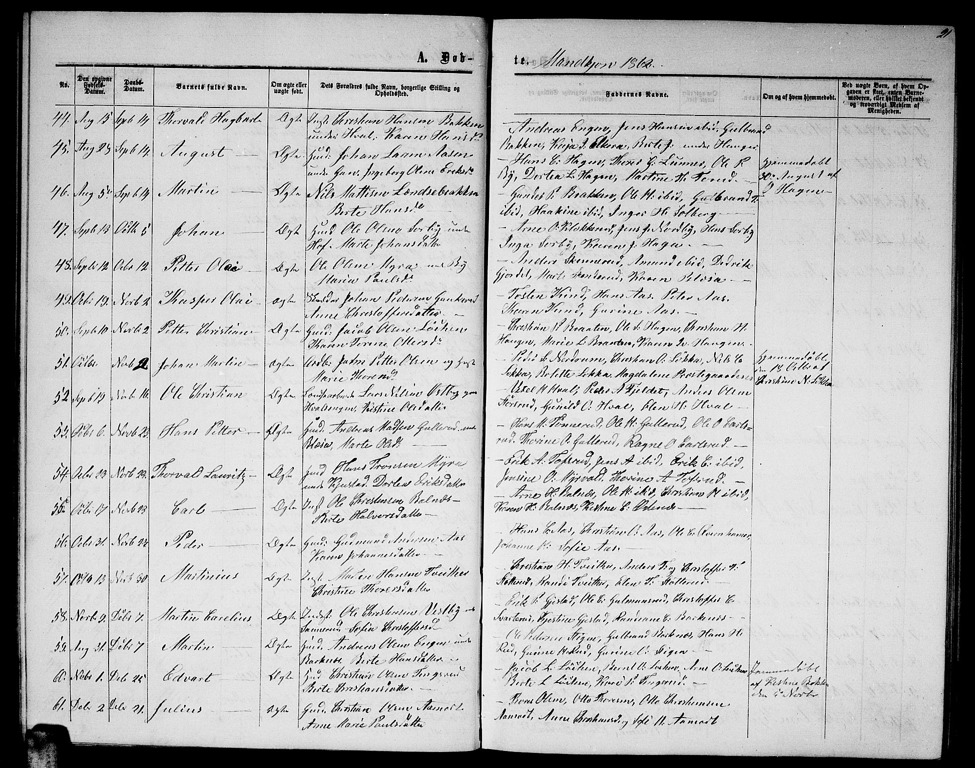 Fet prestekontor Kirkebøker, SAO/A-10370a/G/Ga/L0003: Parish register (copy) no. I 3, 1860-1867, p. 21