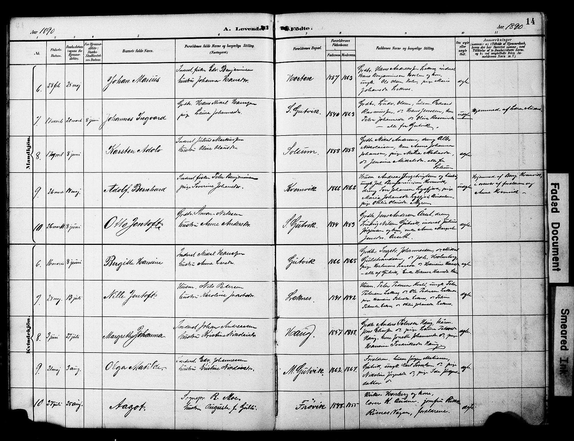 Ministerialprotokoller, klokkerbøker og fødselsregistre - Nord-Trøndelag, SAT/A-1458/788/L0701: Parish register (copy) no. 788C01, 1888-1913, p. 14