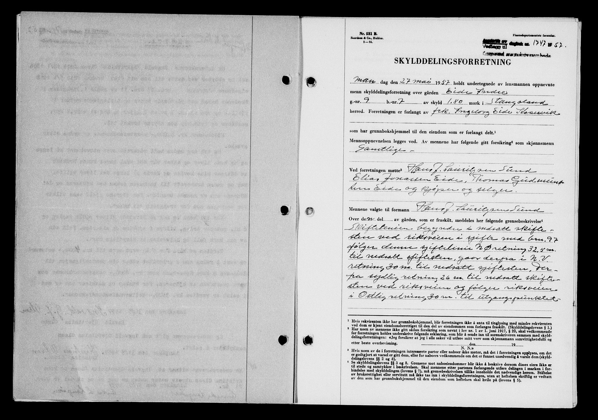 Karmsund sorenskriveri, SAST/A-100311/01/II/IIB/L0125: Mortgage book no. 105A, 1957-1957, Diary no: : 1747/1957