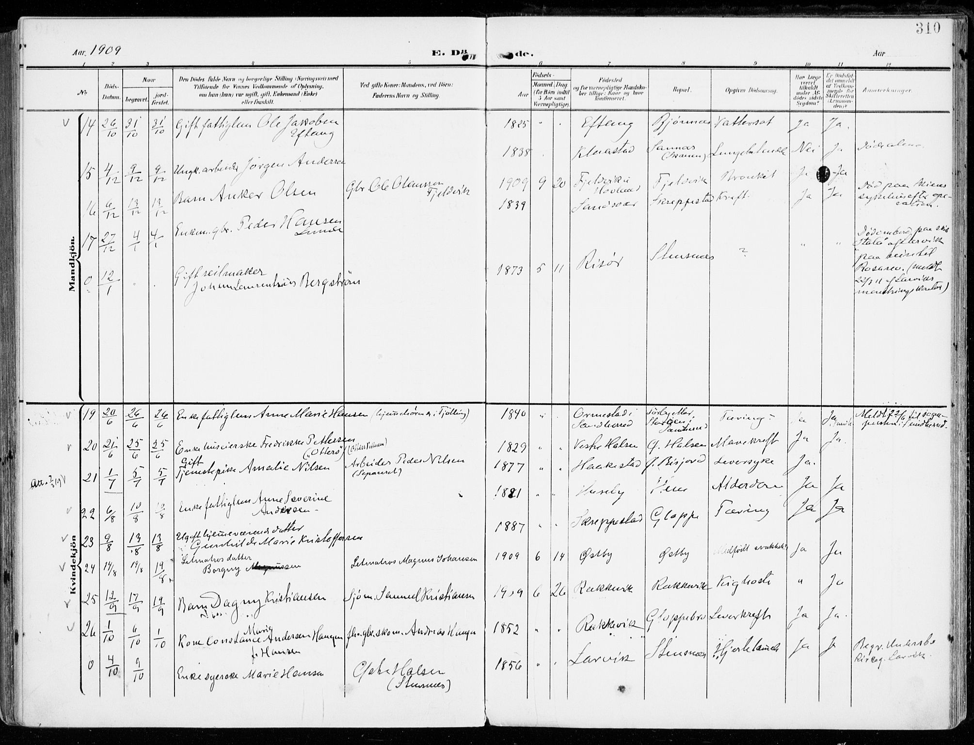 Tjølling kirkebøker, SAKO/A-60/F/Fa/L0010: Parish register (official) no. 10, 1906-1923, p. 310