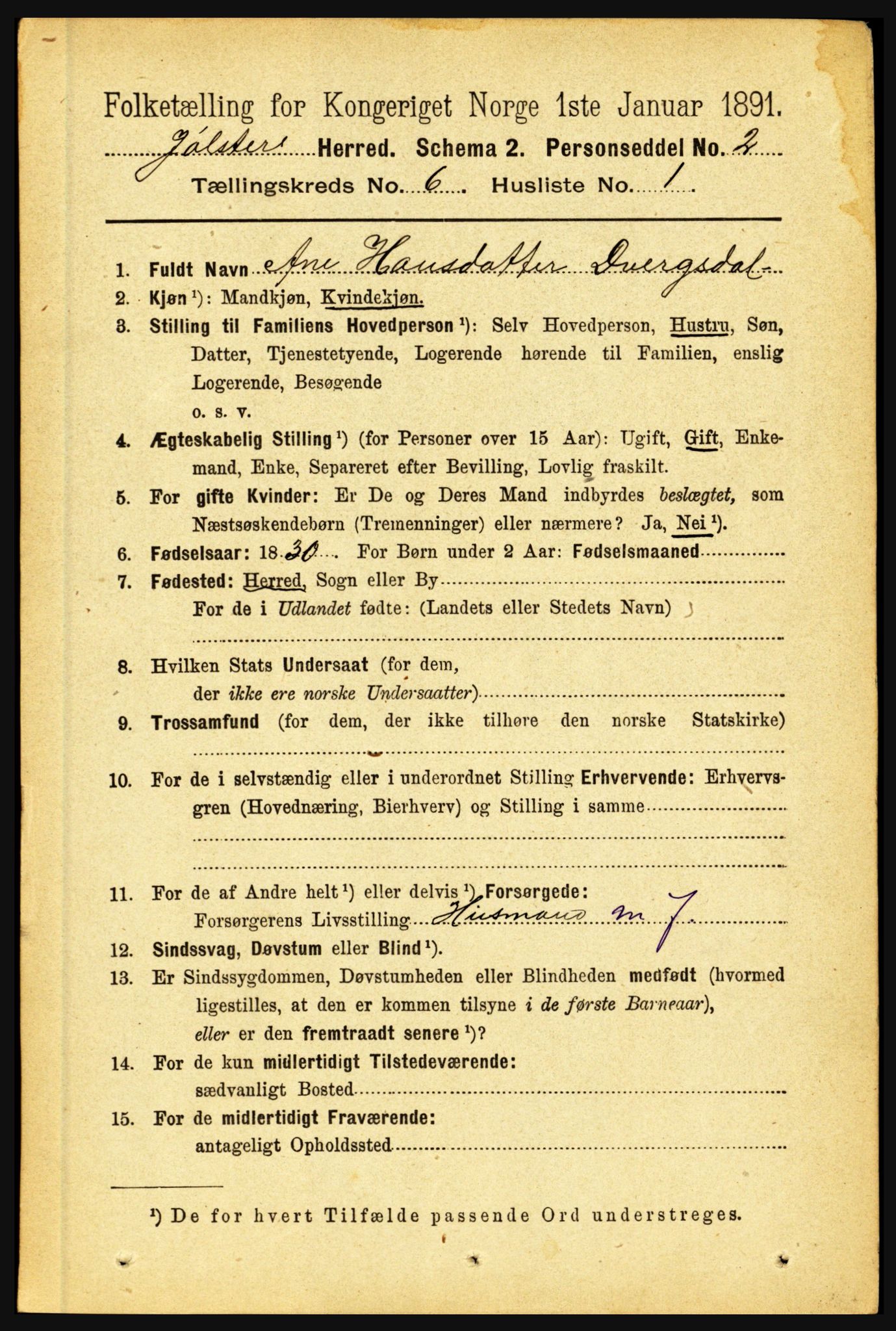 RA, 1891 census for 1431 Jølster, 1891, p. 2176