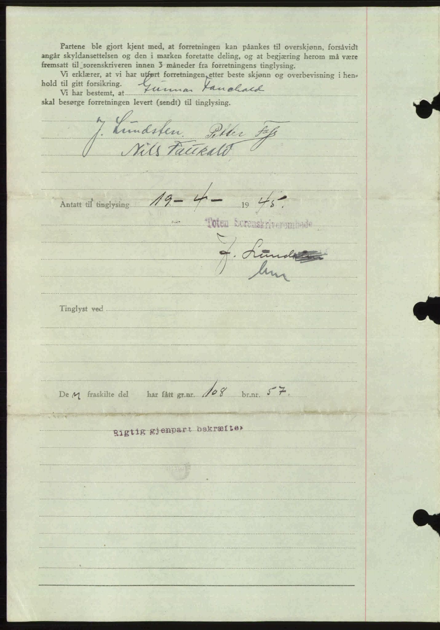 Toten tingrett, SAH/TING-006/H/Hb/Hbc/L0013: Mortgage book no. Hbc-13, 1945-1945, Diary no: : 601/1945