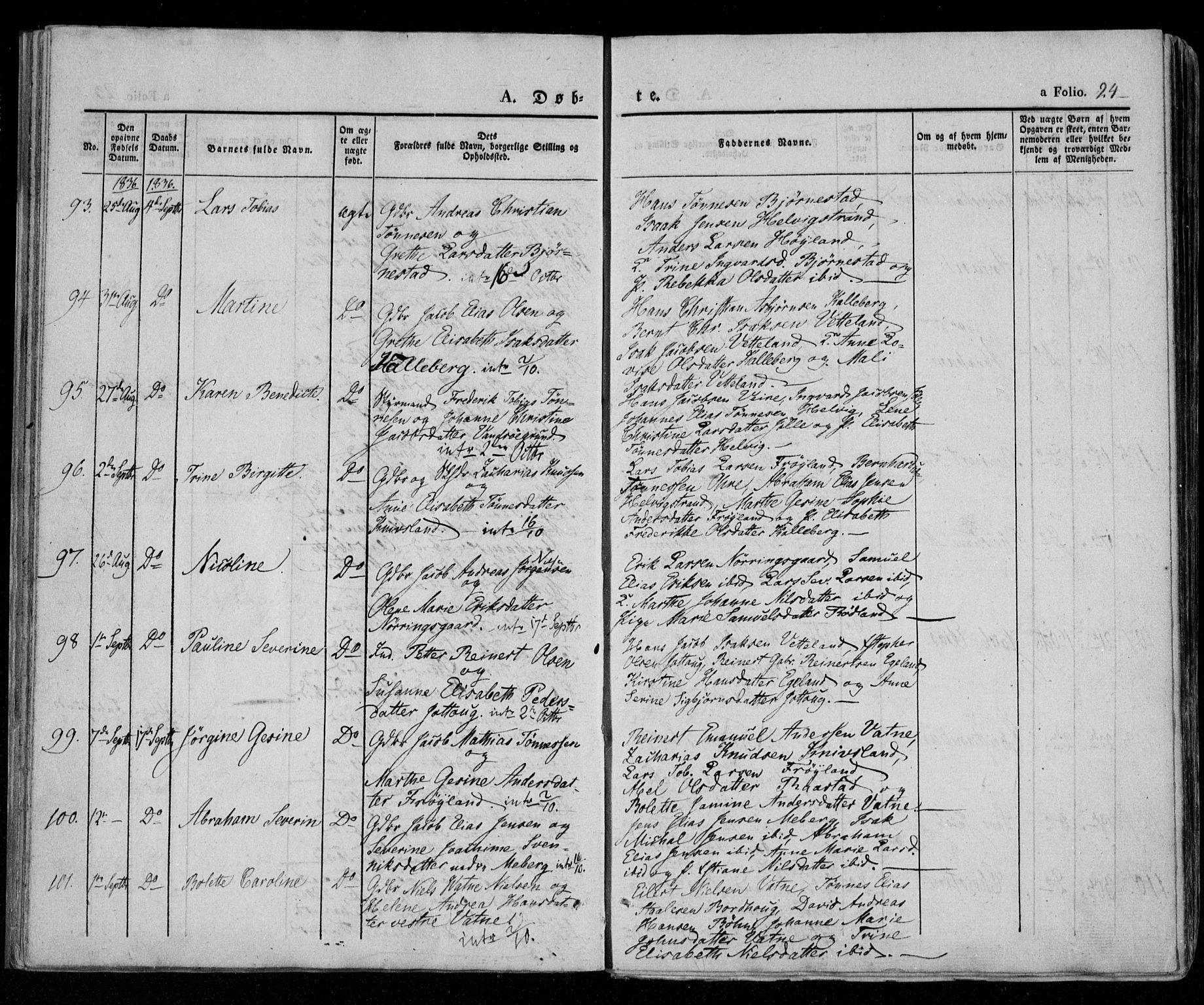 Lista sokneprestkontor, AV/SAK-1111-0027/F/Fa/L0009: Parish register (official) no. A 9, 1835-1846, p. 24