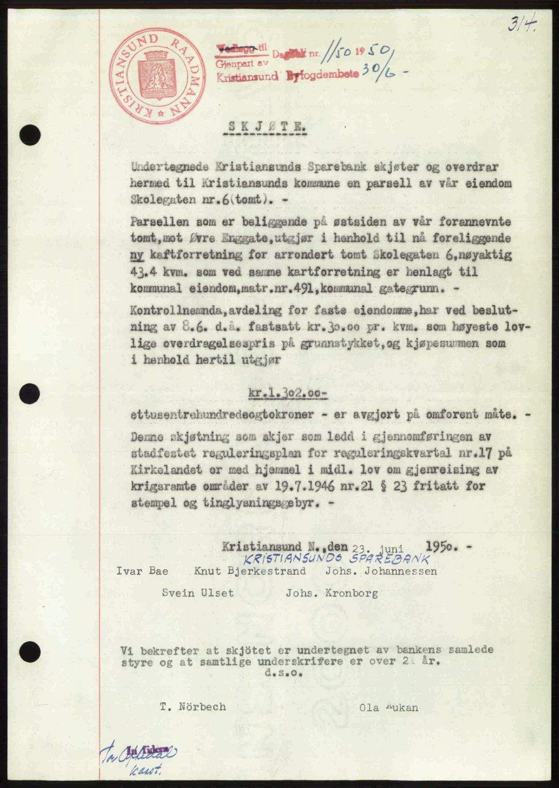 Kristiansund byfogd, AV/SAT-A-4587/A/27: Mortgage book no. 46, 1949-1950, Diary no: : 1150/1950