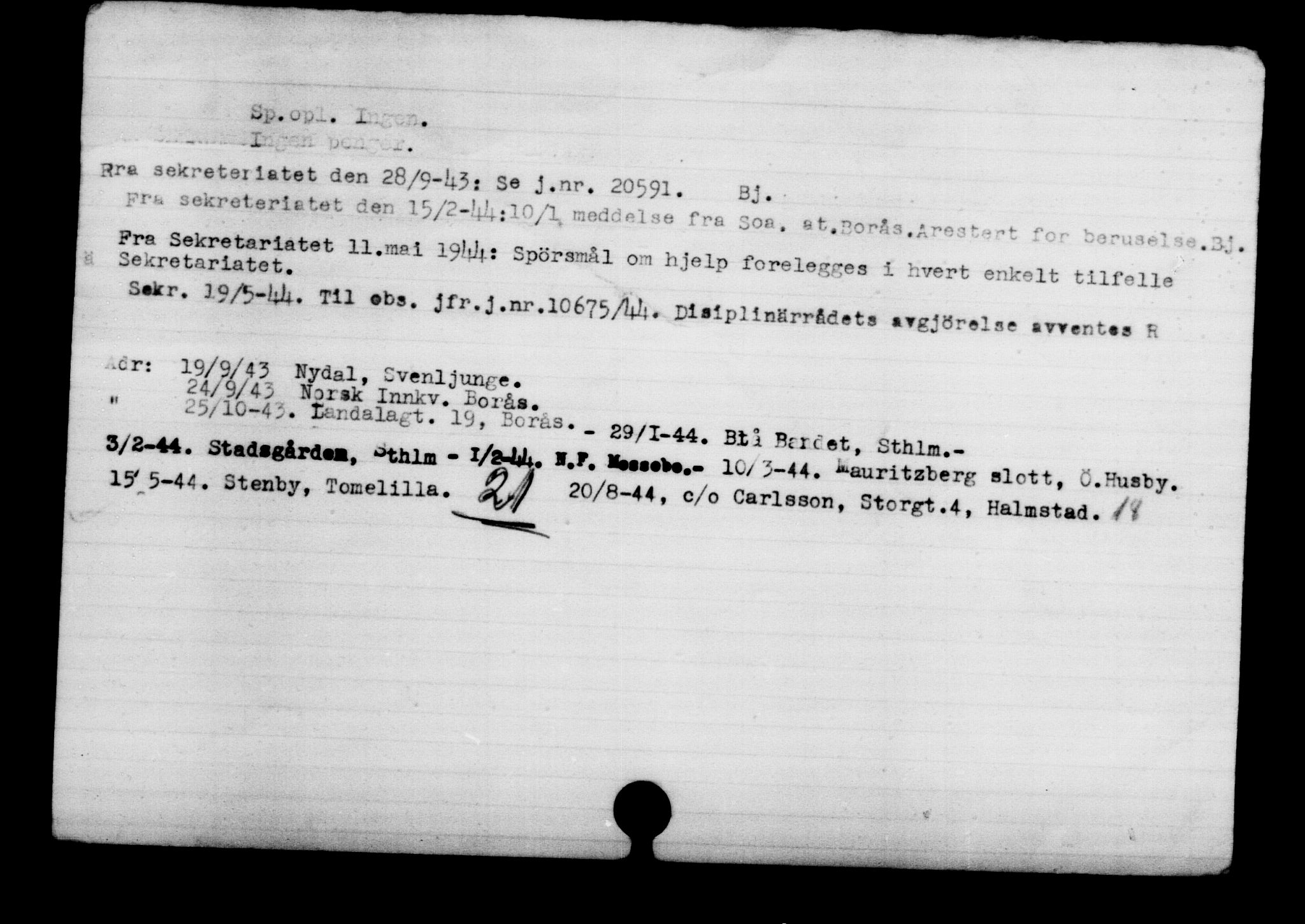 Den Kgl. Norske Legasjons Flyktningskontor, RA/S-6753/V/Va/L0003: Kjesäterkartoteket.  Flyktningenr. 2001-3495, 1940-1945, p. 1605